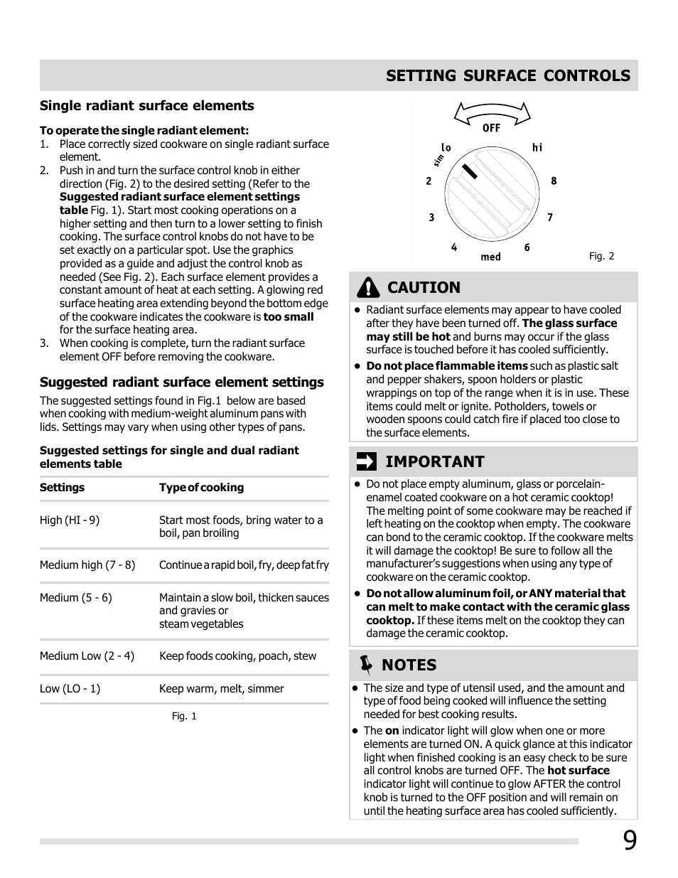 Caution setting surface controls, Important | FRIGIDAIRE FFEF3019MS User Manual | Page 9 / 32