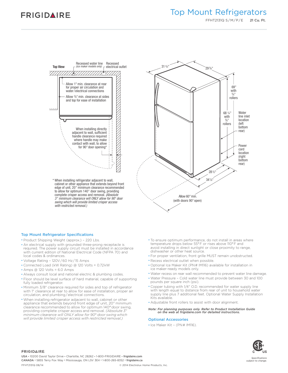 Top mount refrigerators | FRIGIDAIRE FFHT2131QS User Manual | Page 3 / 4