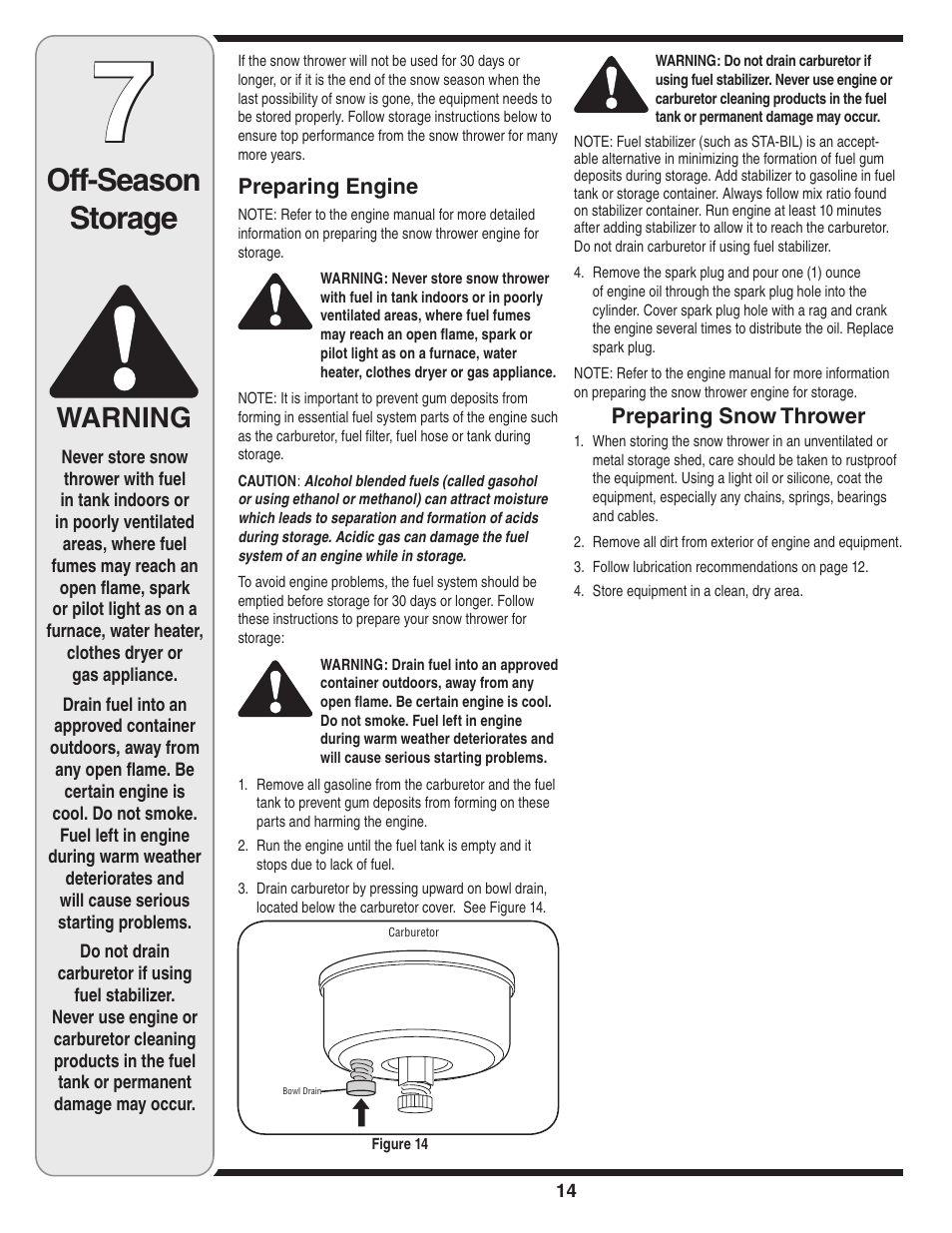 Off-season storage, Warning | MTD 3AA User Manual | Page 14 / 20