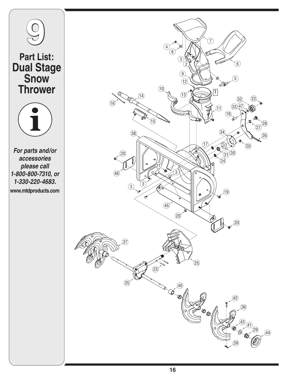 Dual stage snow thrower, Part list | MTD 3AA User Manual | Page 16 / 20