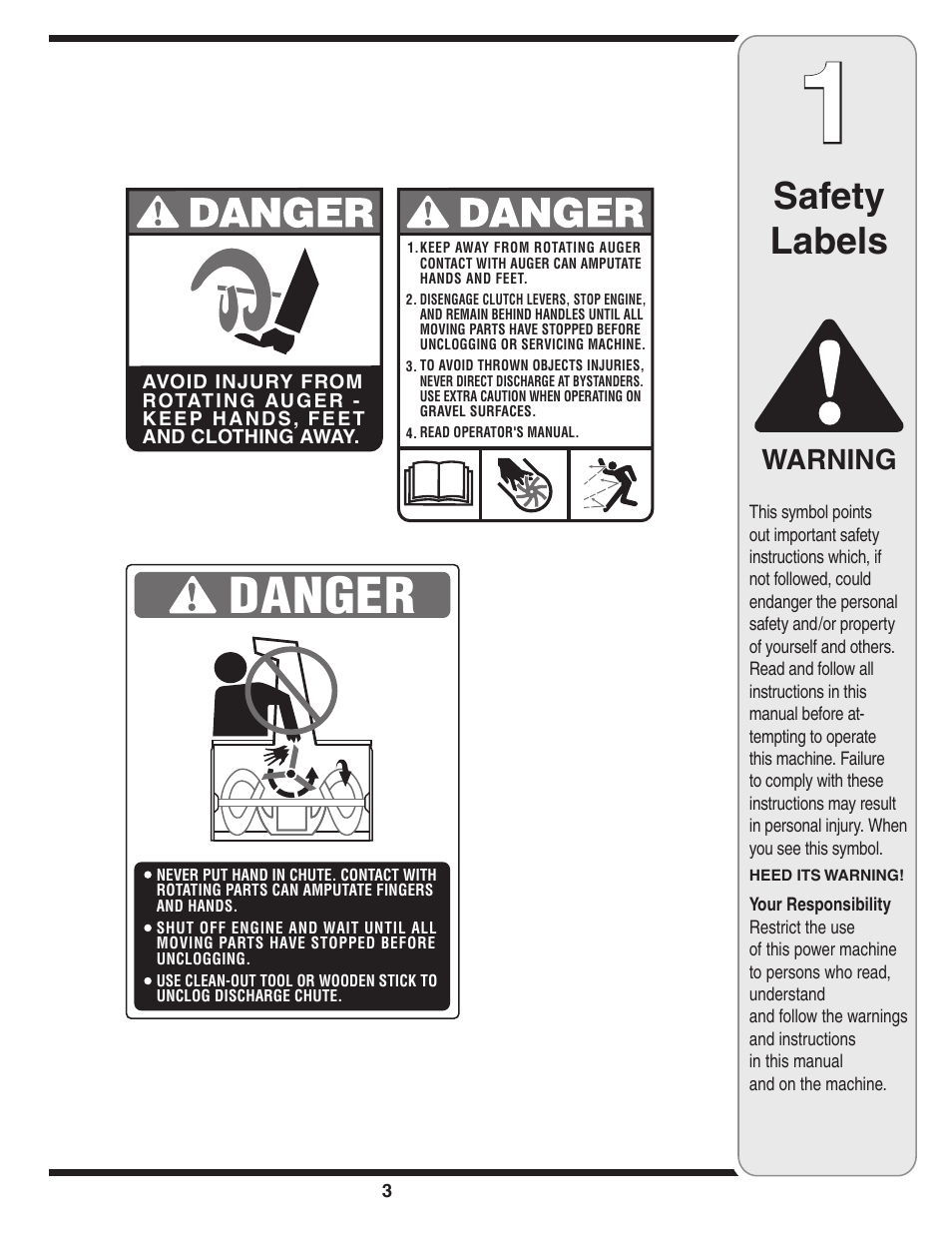 Safety labels, Warning | MTD 3AA User Manual | Page 3 / 20