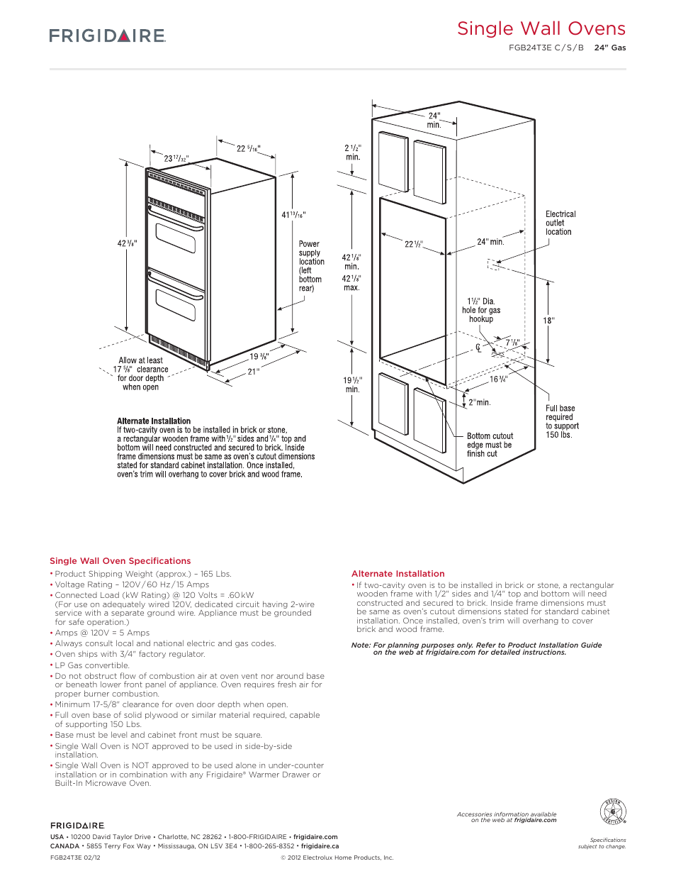 24" single gas wall ovens_2 cell baseline, Single wall ovens | FRIGIDAIRE FGB24T3EC User Manual | Page 3 / 6