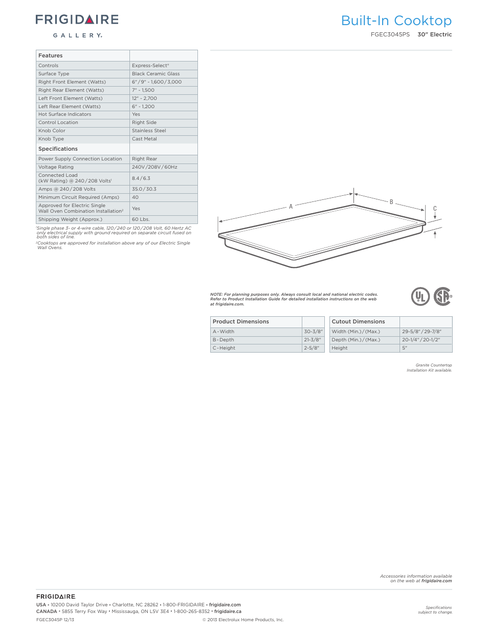 Drop-in electric cooktops frigidaire baseline, Built-in cooktop | FRIGIDAIRE FGEC3045PS User Manual | Page 2 / 5