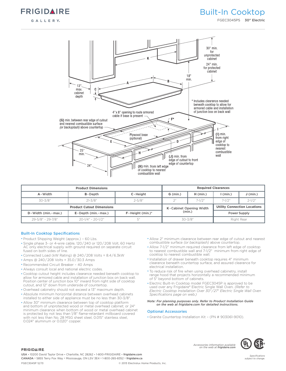 Drop-in induction / electric cooktops, Professional / gallery / baseline, Built-in cooktop | Callouts must be charted per individual model) | FRIGIDAIRE FGEC3045PS User Manual | Page 3 / 5