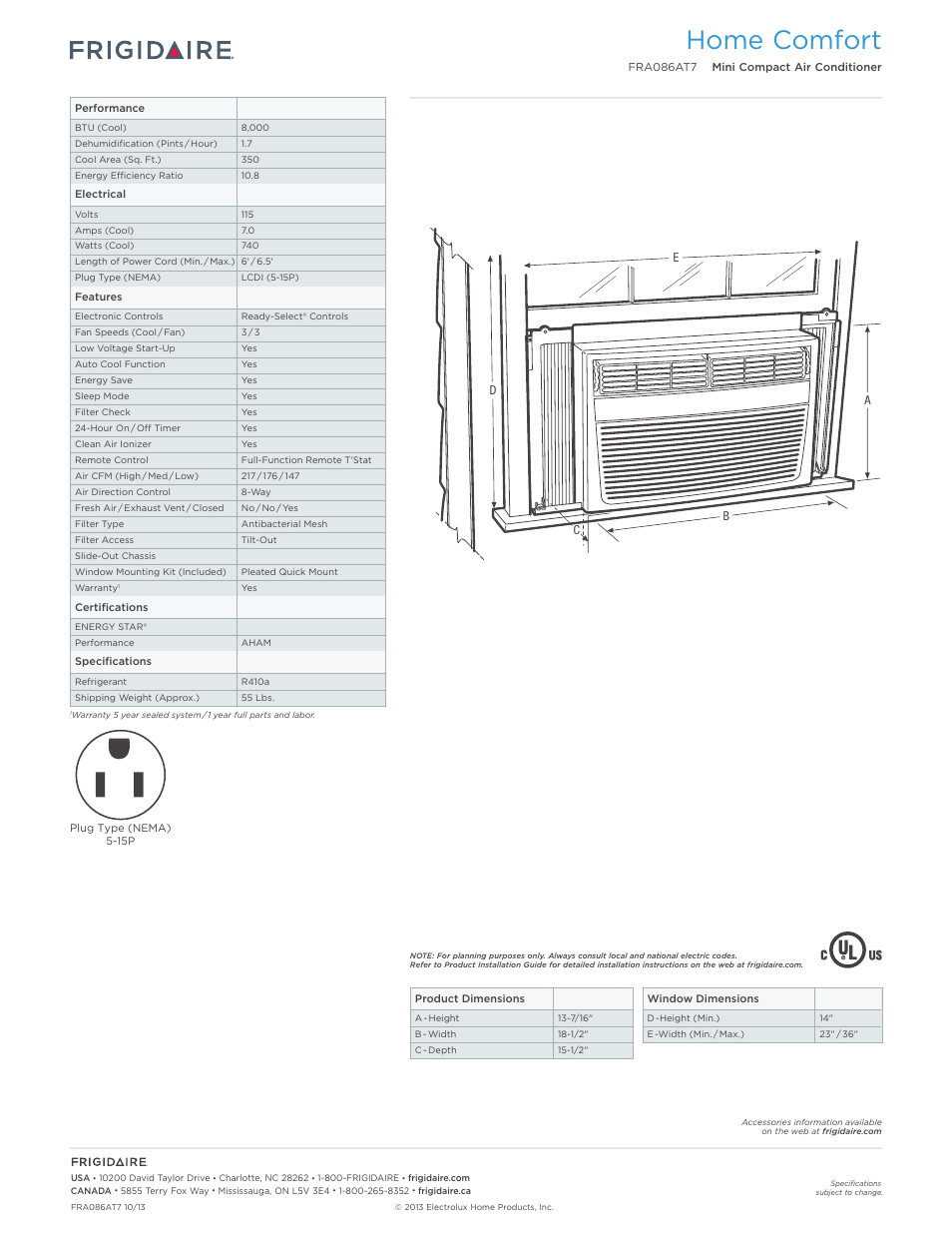 Rac compact models_window frigidaire baseline, Home comfort | FRIGIDAIRE FRA086AT7 User Manual | Page 2 / 2