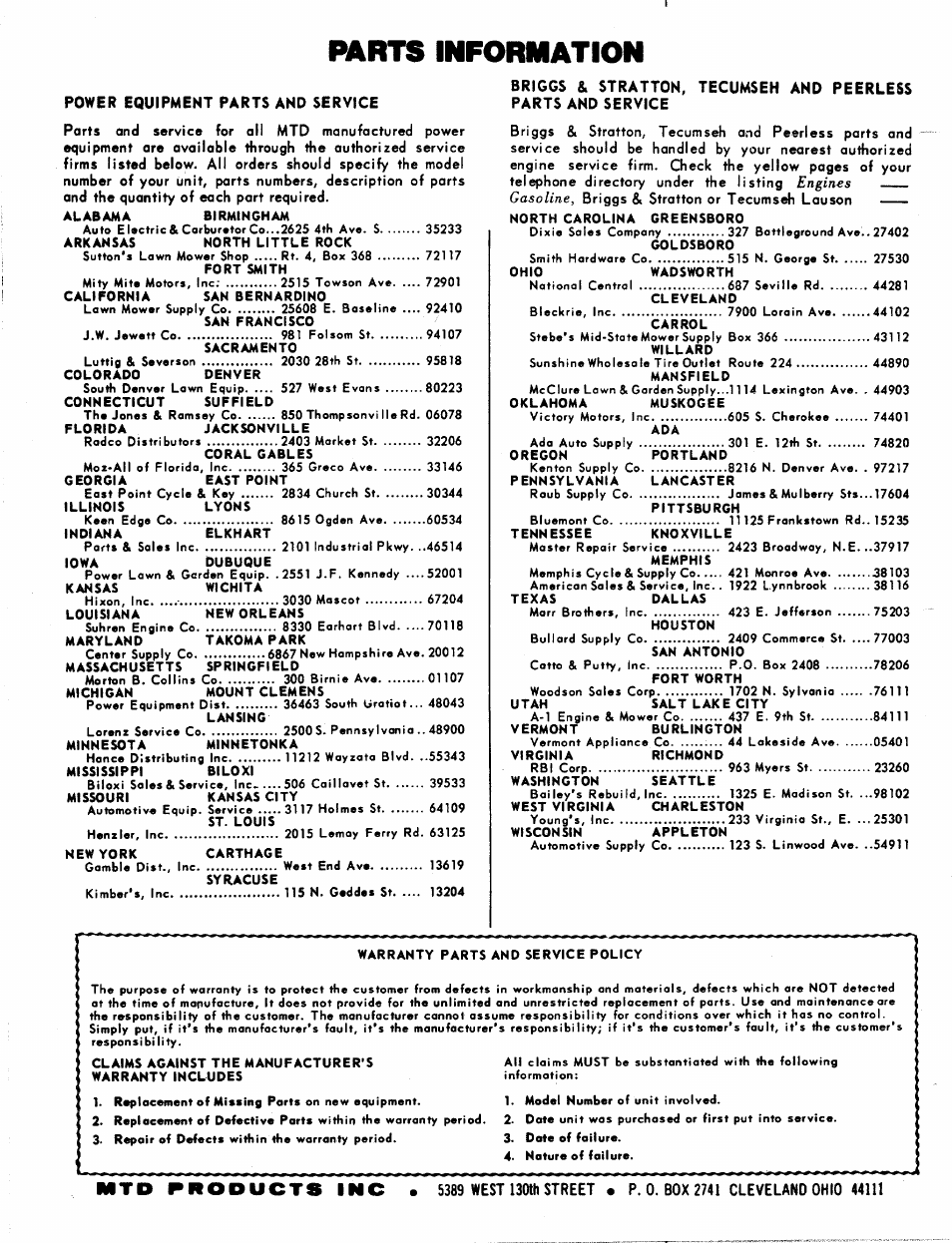 Parts information, Engines, Gasoline | Bolens 117-530A User Manual | Page 16 / 16