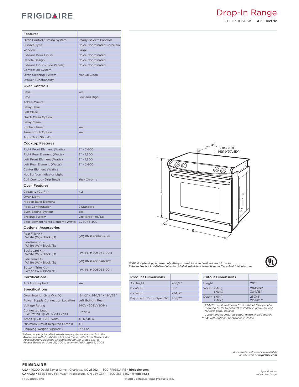 Slide-in electric ranges frigidaire baseline, Drop-in range | FRIGIDAIRE FFED3005LW User Manual | Page 2 / 5
