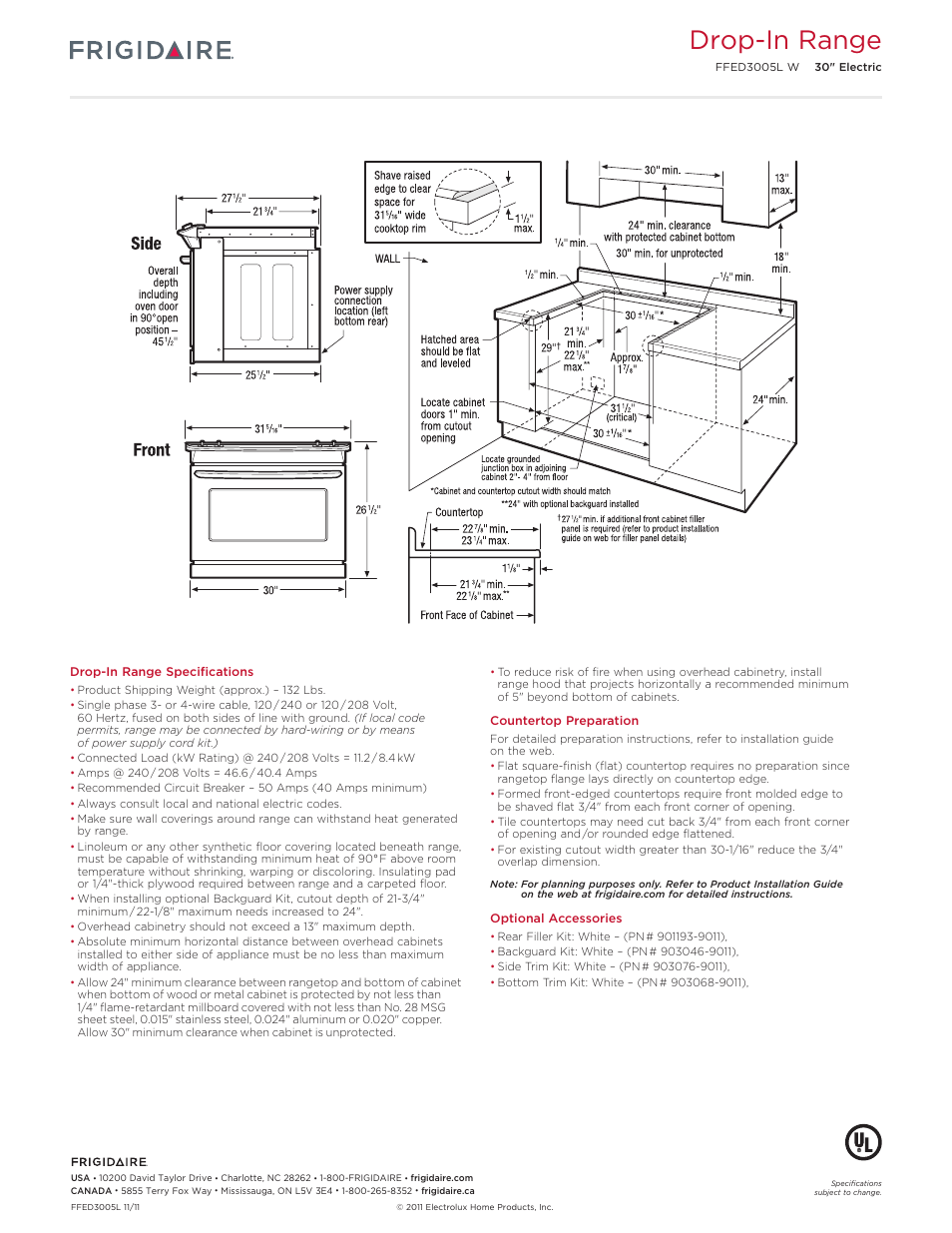 30" electric drop-in range frig baseline, Drop-in range | FRIGIDAIRE FFED3005LW User Manual | Page 3 / 5