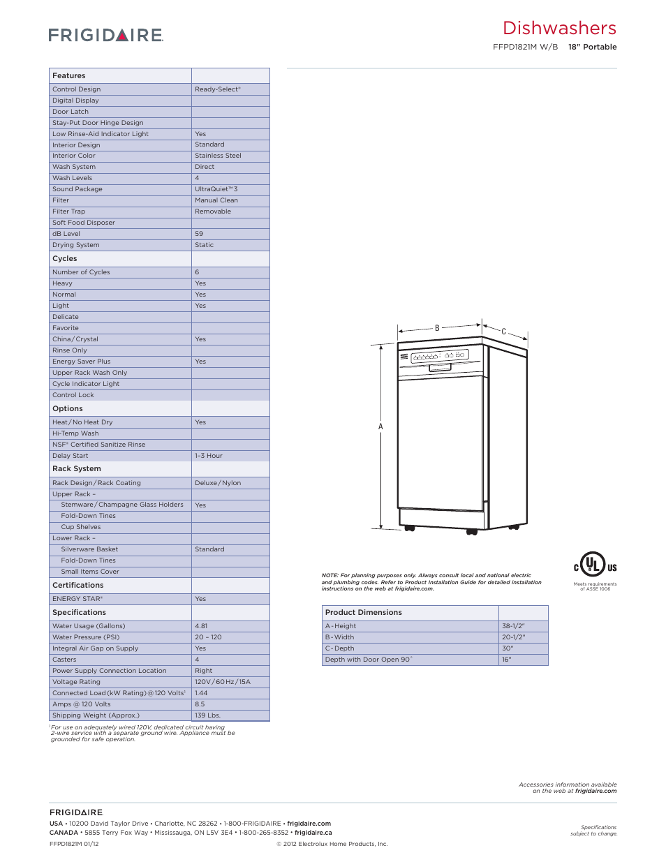 Dishwashers | FRIGIDAIRE FFPD1821MW User Manual | Page 2 / 2