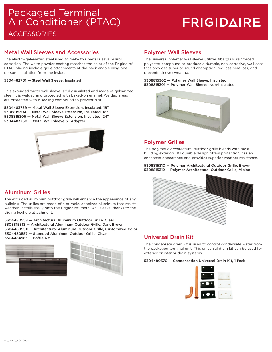 Packaged terminal air conditioner (ptac), Accessories | FRIGIDAIRE FRP90ETT2A User Manual | Page 4 / 5