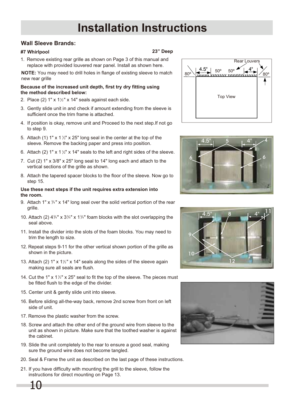 Installation instructions, Wall sleeve brands | FRIGIDAIRE FFTH1022Q2 User Manual | Page 10 / 14