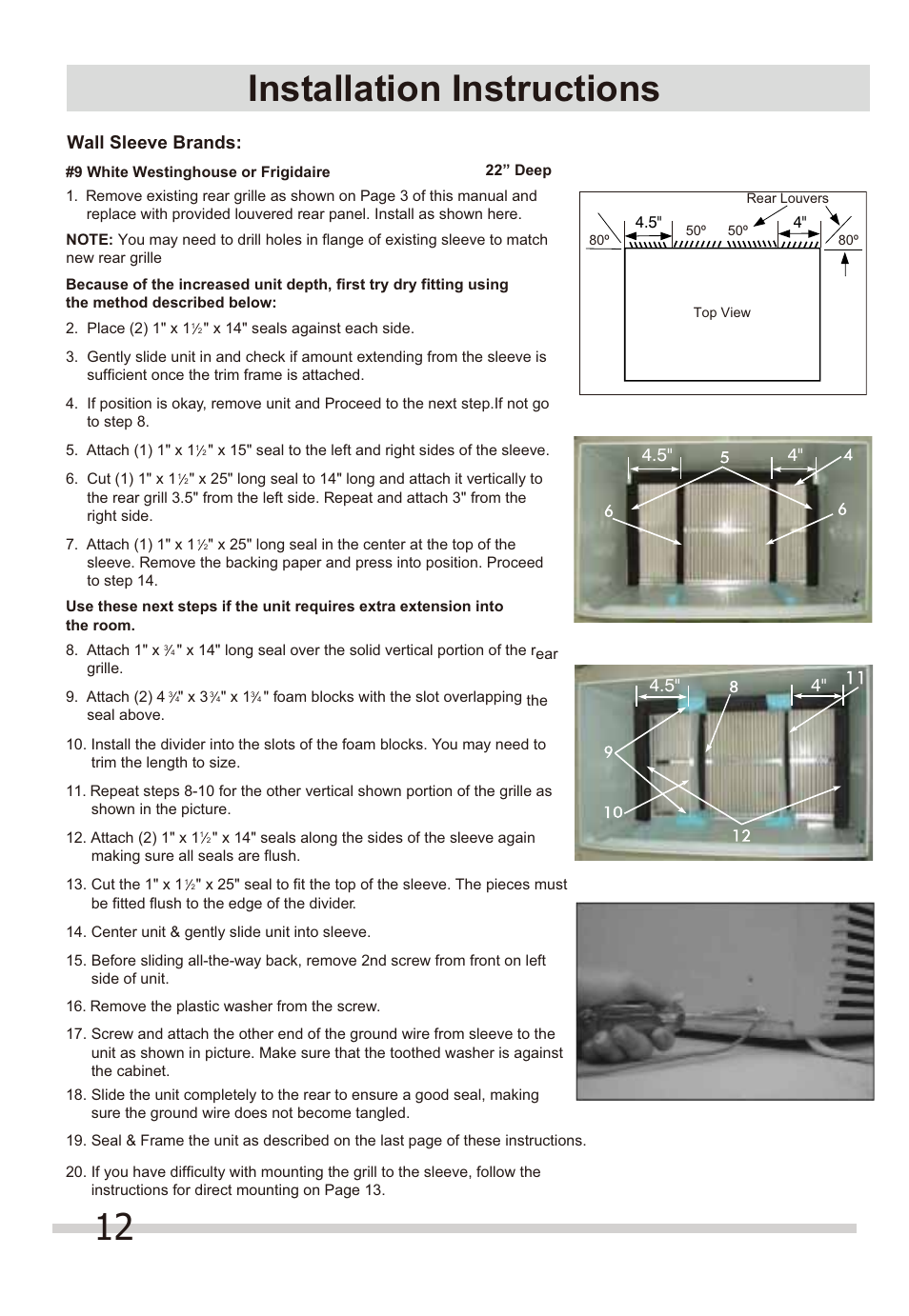 Installation instructions, Wall sleeve brands | FRIGIDAIRE FFTH1022Q2 User Manual | Page 12 / 14