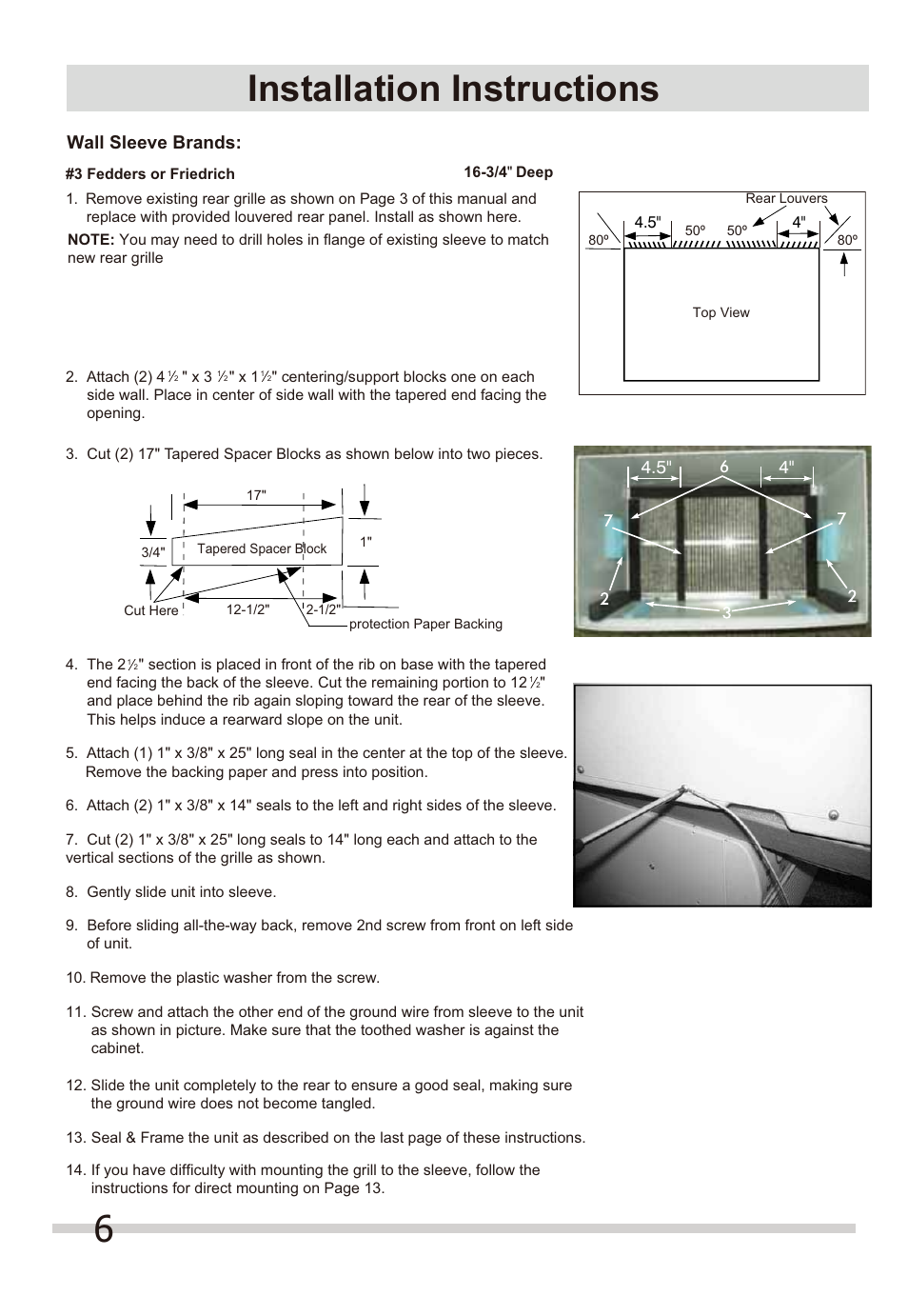 Installation instructions, Wall sleeve brands | FRIGIDAIRE FFTH1022Q2 User Manual | Page 6 / 14