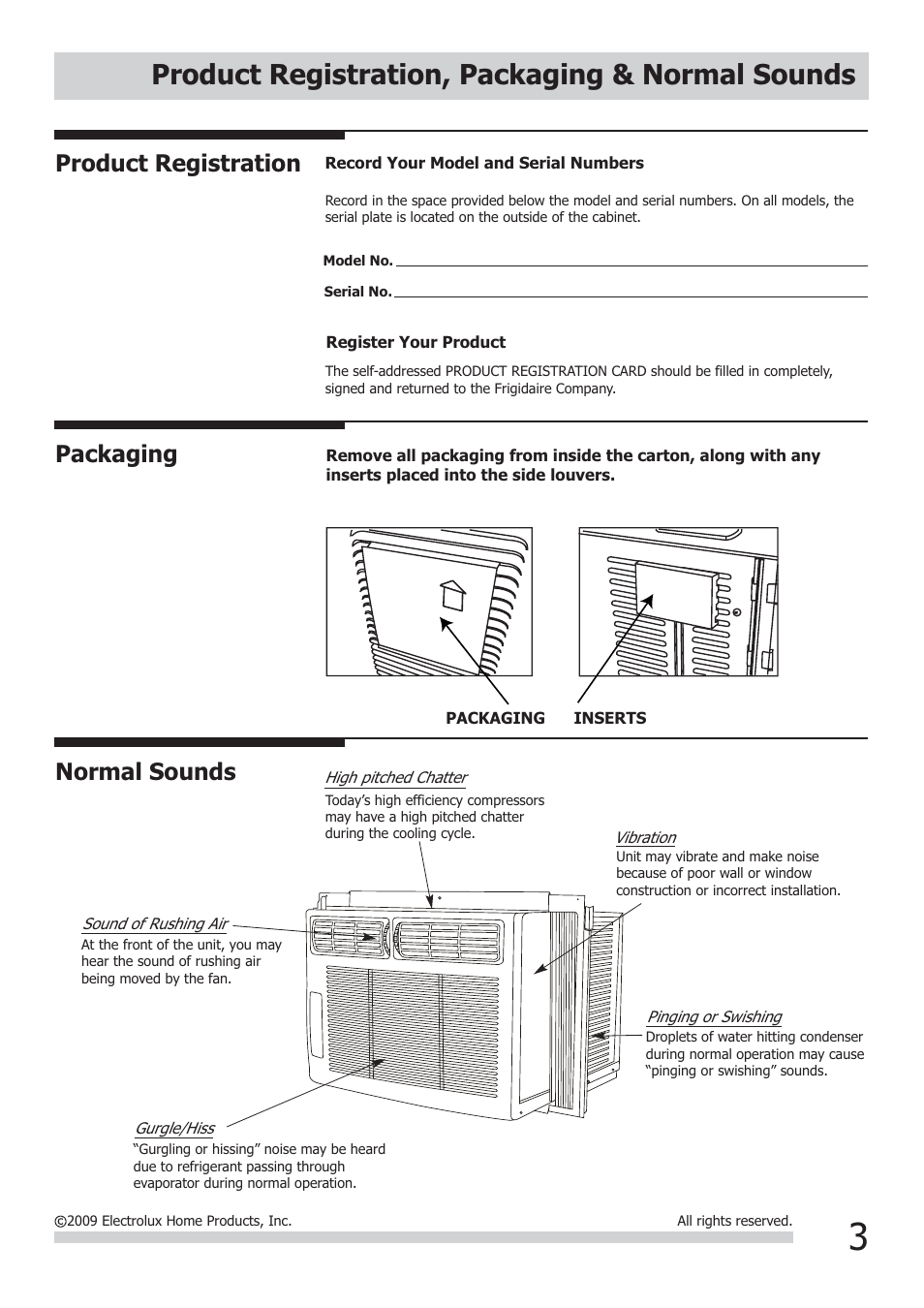 Product registration, packaging & normal sounds, Packaging normal sounds, Product registration | FRIGIDAIRE FRA062AT7 User Manual | Page 3 / 8