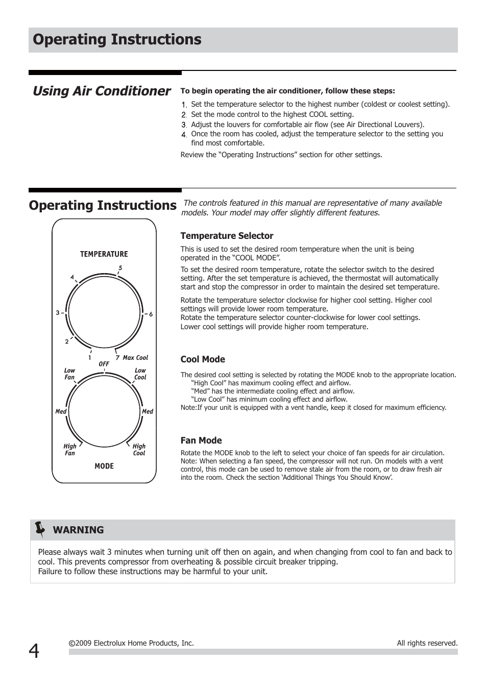 Operating instructions, Using air conditioner | FRIGIDAIRE FRA062AT7 User Manual | Page 4 / 8