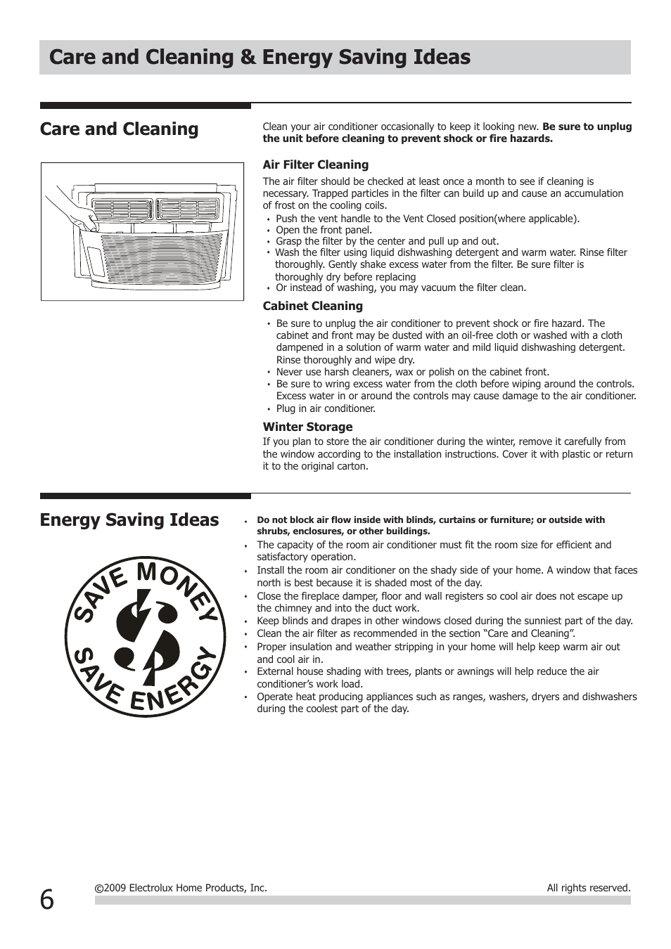 Care and cleaning & energy saving ideas, Energy saving ideas, Care and cleaning | FRIGIDAIRE FRA062AT7 User Manual | Page 6 / 8