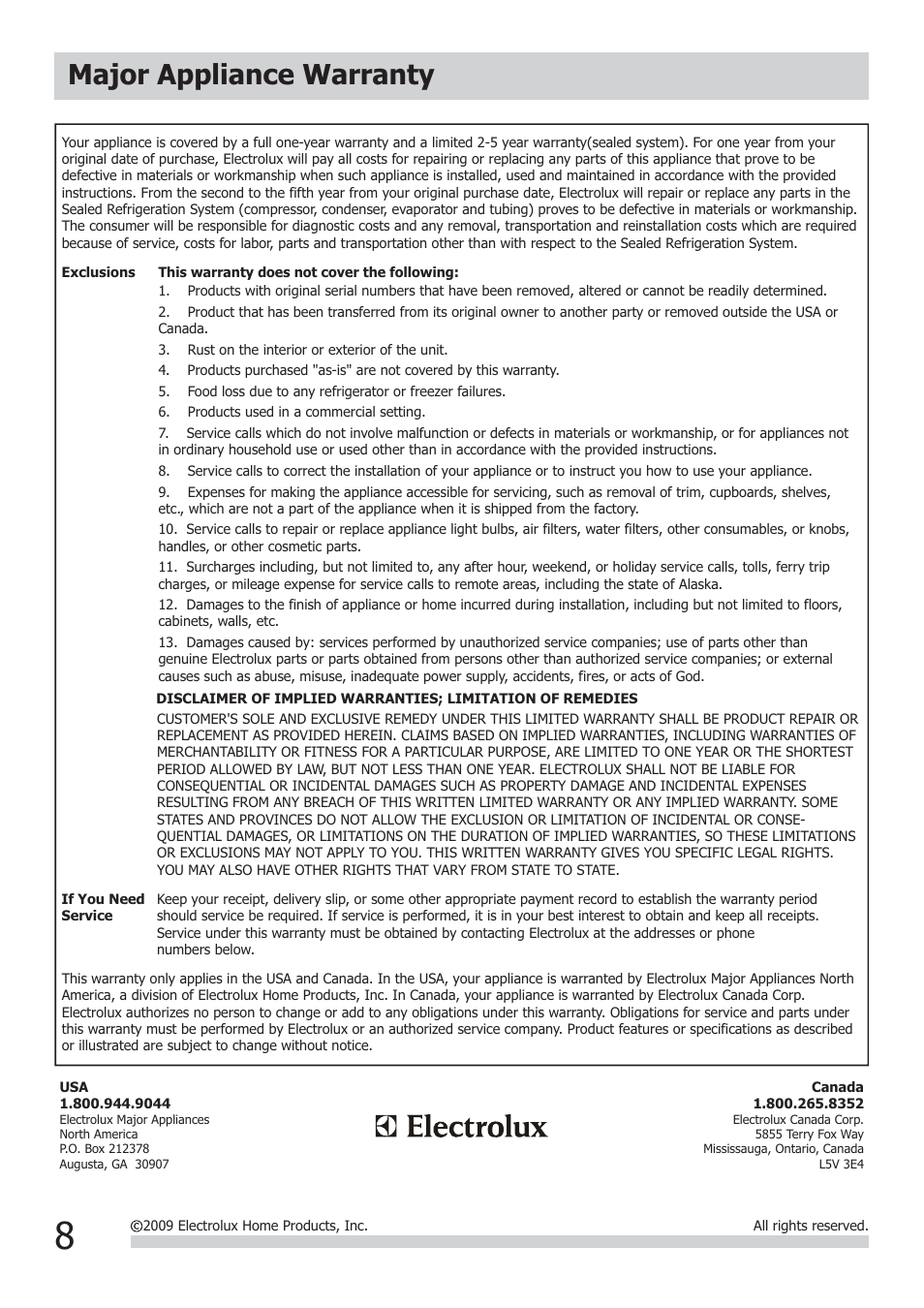 Major appliance warranty | FRIGIDAIRE FRA062AT7 User Manual | Page 8 / 8