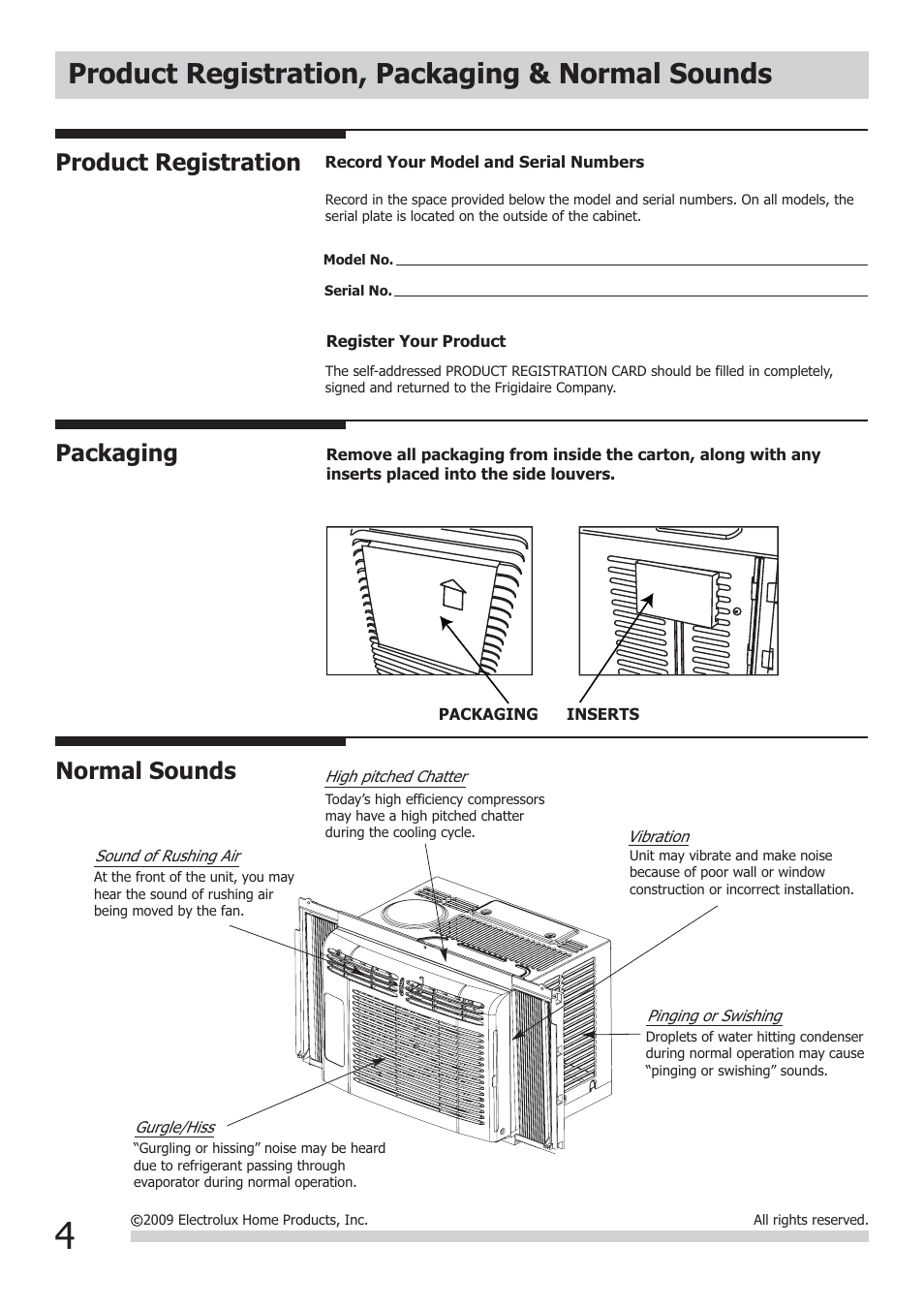 Product registration, packaging & normal sounds, Packaging, Product registration | Normal sounds | FRIGIDAIRE FRA052XT7 User Manual | Page 4 / 8