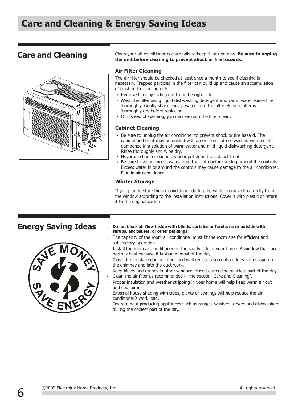 Care and cleaning & energy saving ideas, Energy saving ideas, Care and cleaning | FRIGIDAIRE FRA052XT7 User Manual | Page 6 / 8