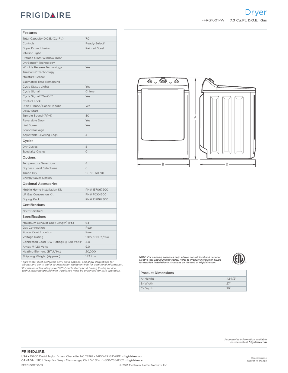 Dryer | FRIGIDAIRE FFRG1001PW User Manual | Page 2 / 3