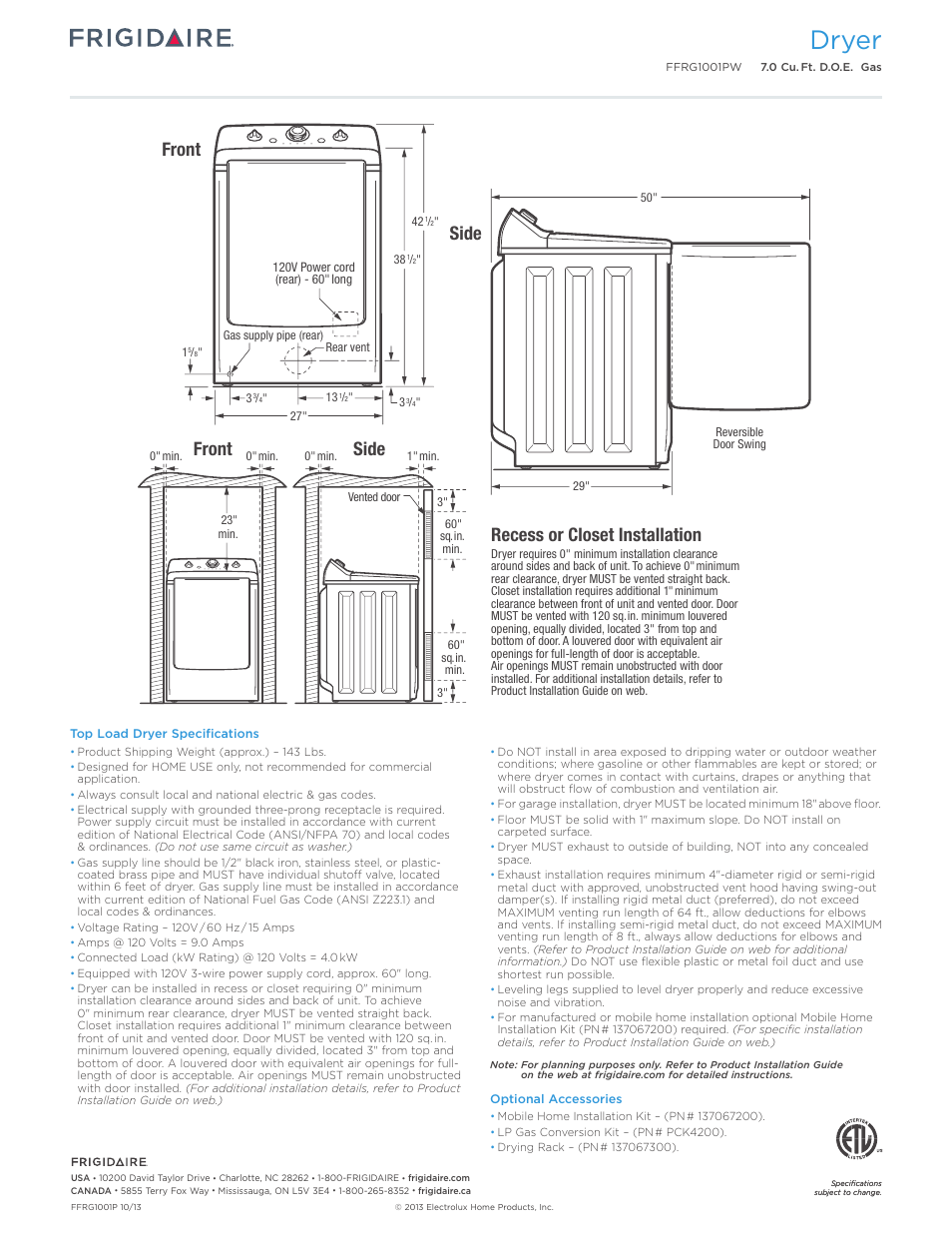 Dryer, Recess or closet installation, Side | Front | FRIGIDAIRE FFRG1001PW User Manual | Page 3 / 3