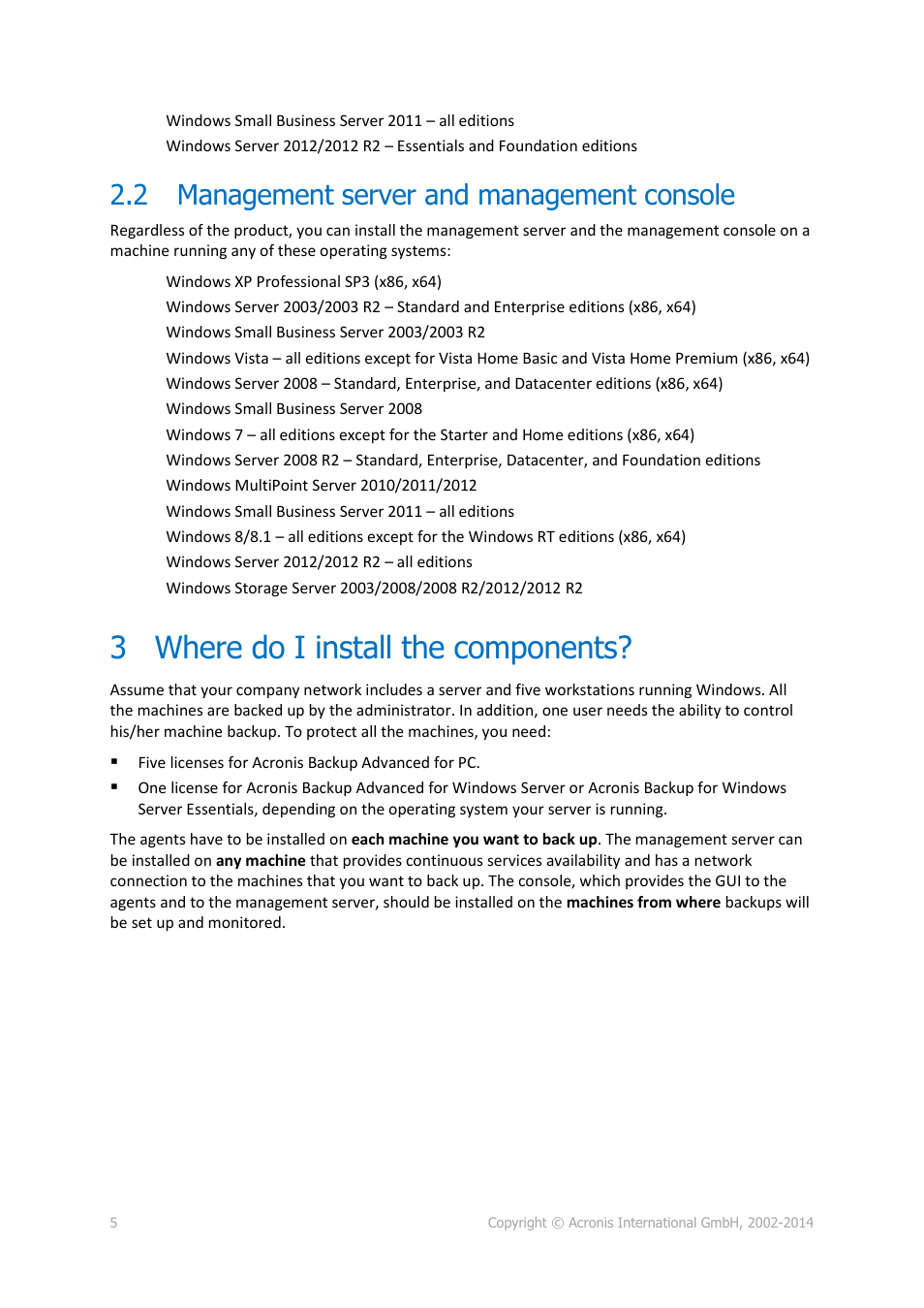 2 management server and management console, 3 where do i install the components, Management server and management console | Where do i install the components | Acronis Backup for Windows Server Essentials - Quick Start Guide User Manual | Page 5 / 13