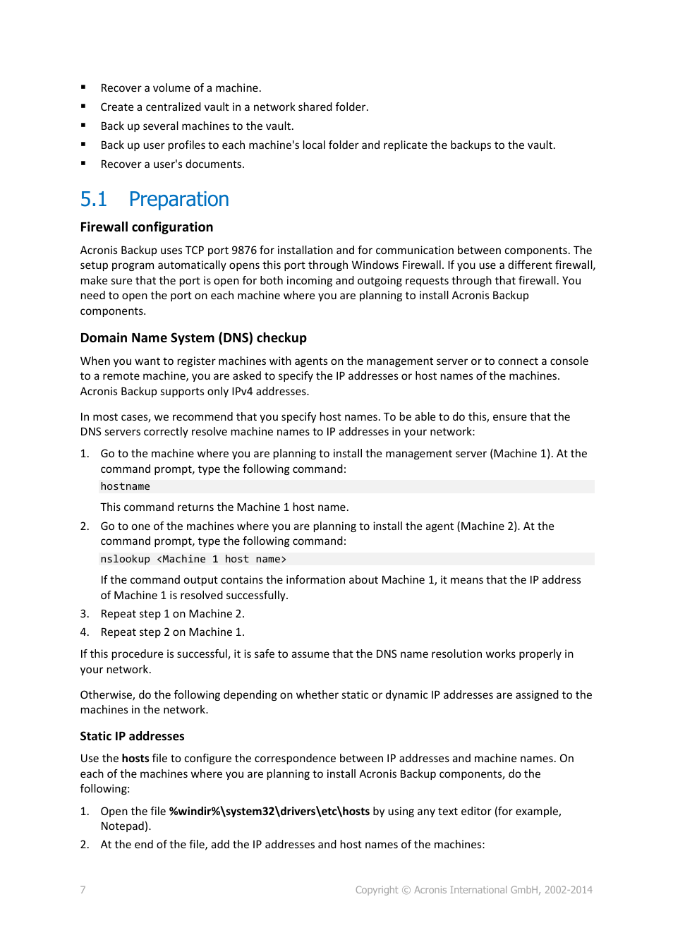 1 preparation, Preparation | Acronis Backup for Windows Server Essentials - Quick Start Guide User Manual | Page 7 / 13