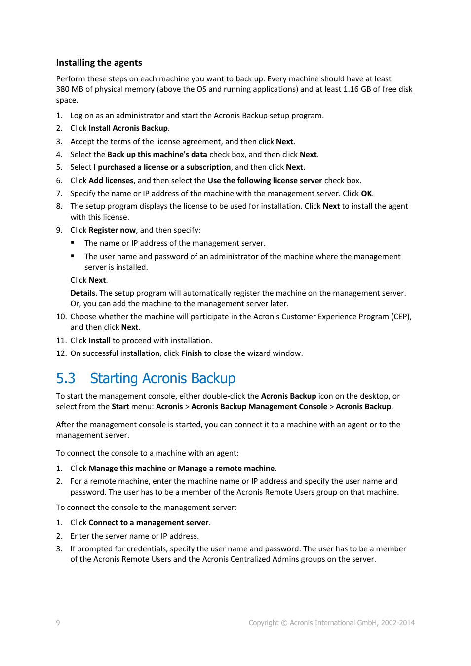3 starting acronis backup, Starting acronis backup | Acronis Backup for Windows Server Essentials - Quick Start Guide User Manual | Page 9 / 13