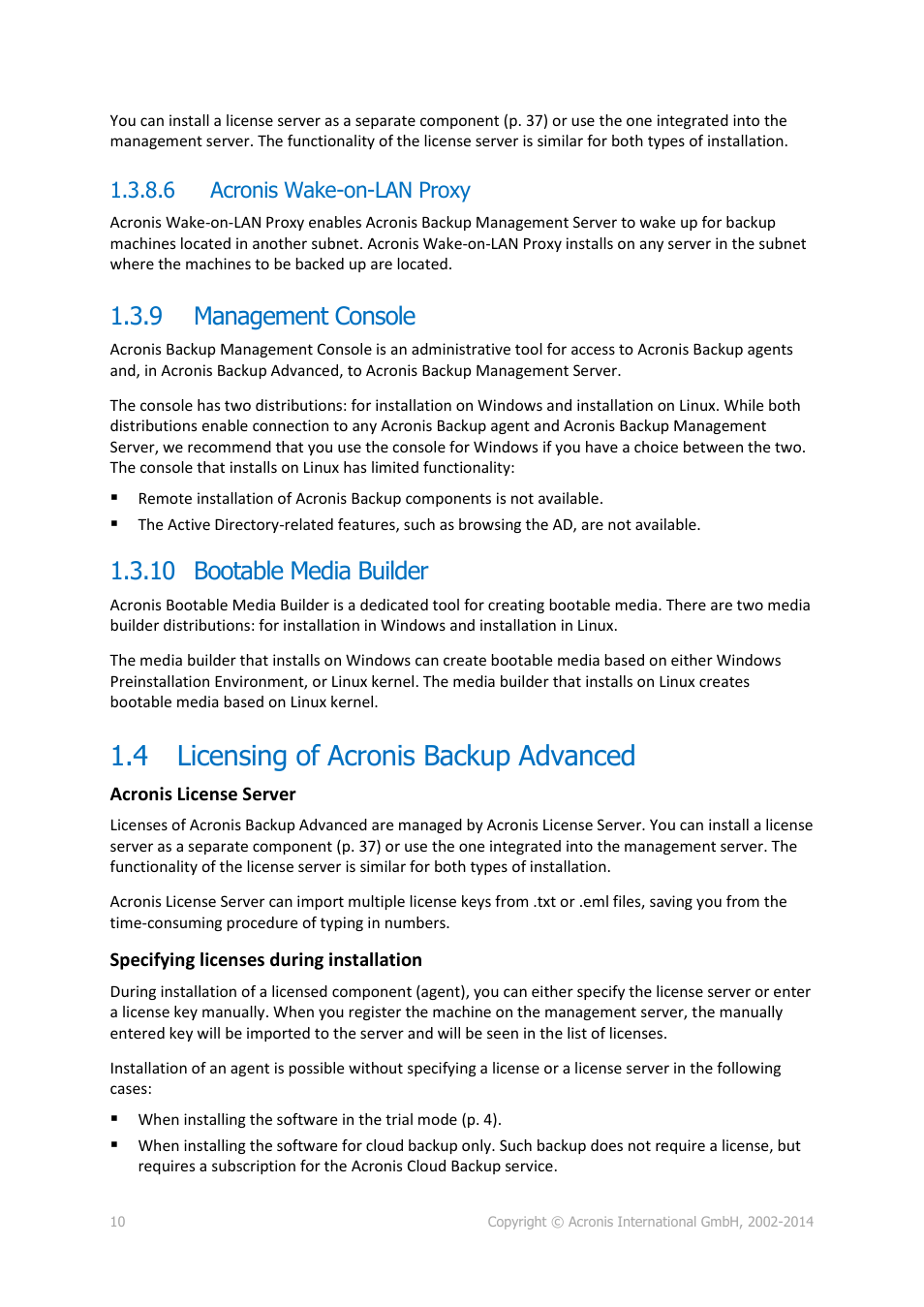 6 acronis wake-on-lan proxy, 9 management console, 10 bootable media builder | 4 licensing of acronis backup advanced, Management console, Licensing of acronis backup advanced | Acronis Backup for Windows Server Essentials - Installation Guide User Manual | Page 10 / 64