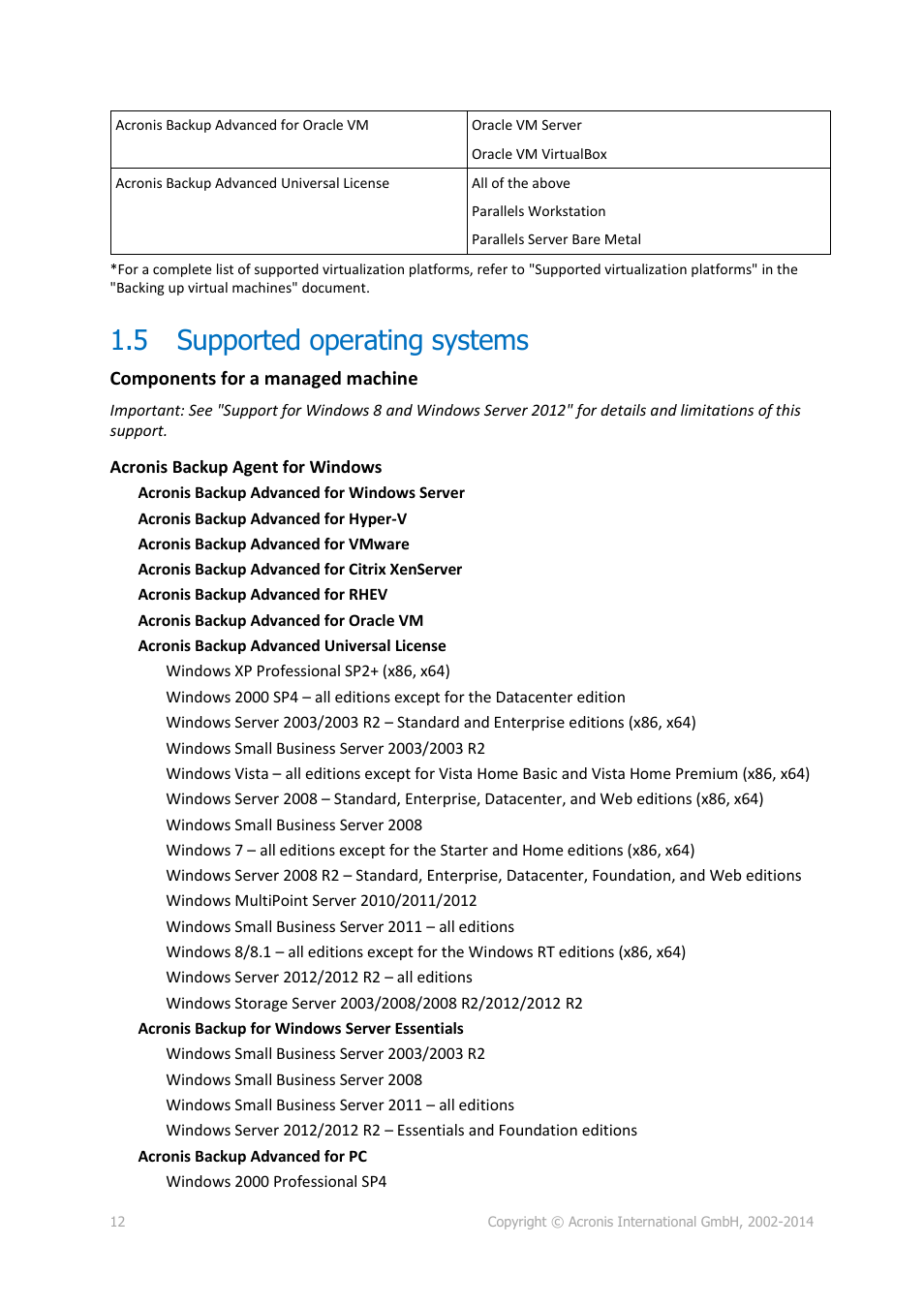 5 supported operating systems, Supported operating systems, Components for a managed machine | Acronis Backup for Windows Server Essentials - Installation Guide User Manual | Page 12 / 64