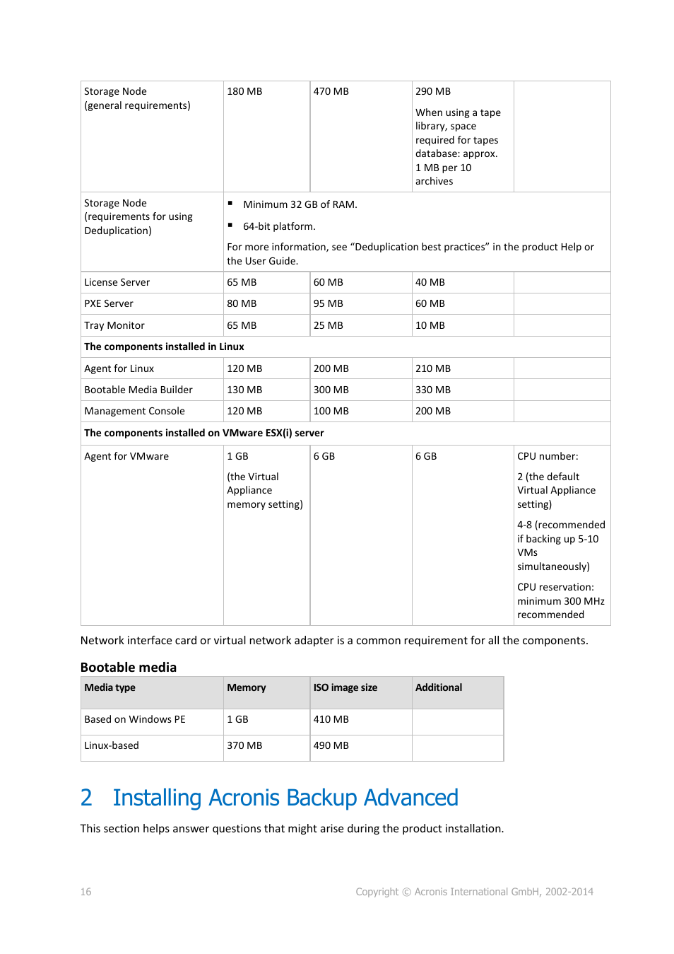 2 installing acronis backup advanced, Installing acronis backup advanced, Bootable media | Acronis Backup for Windows Server Essentials - Installation Guide User Manual | Page 16 / 64