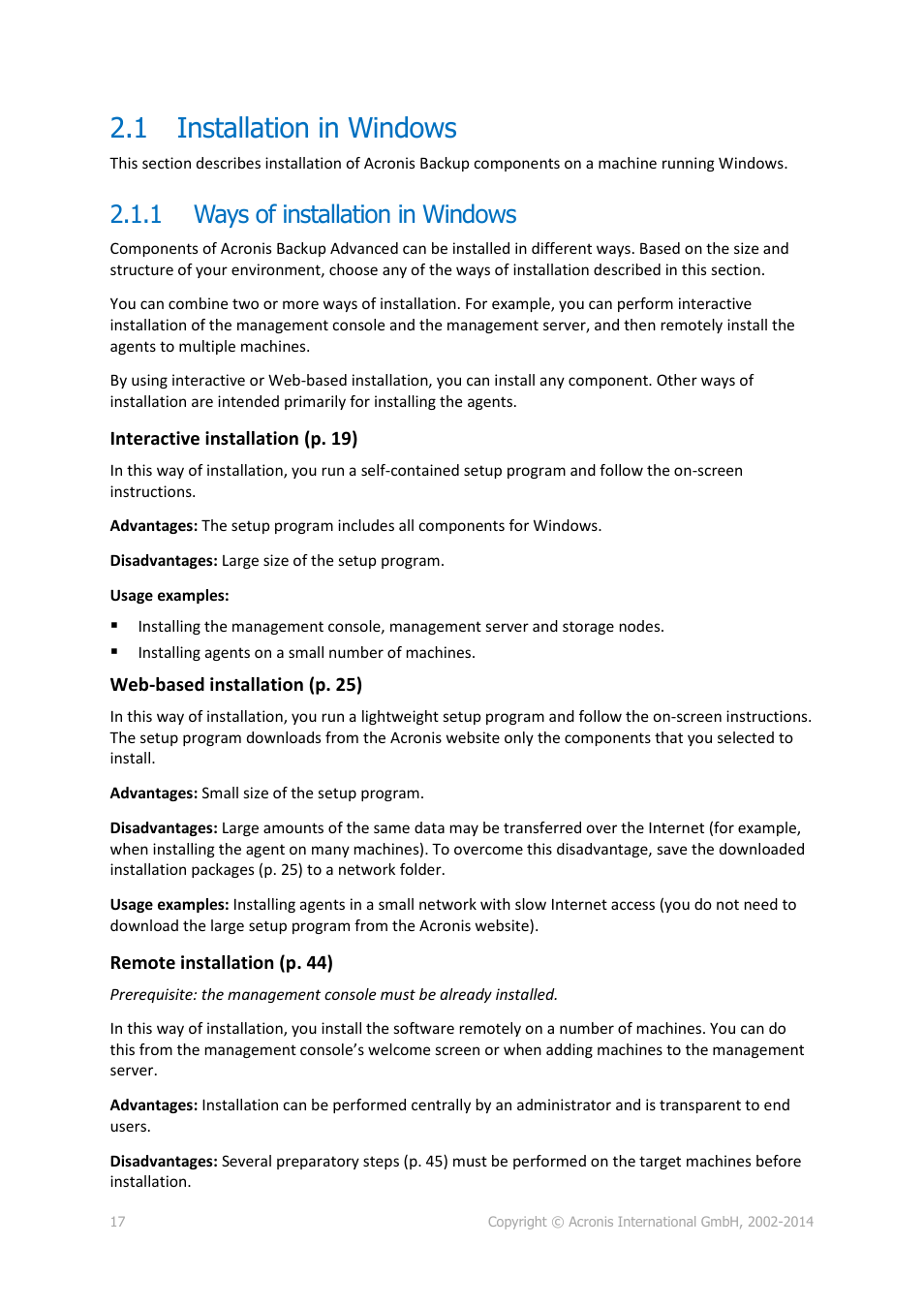 1 installation in windows, 1 ways of installation in windows, Installation in windows | Ways of installation in windows | Acronis Backup for Windows Server Essentials - Installation Guide User Manual | Page 17 / 64