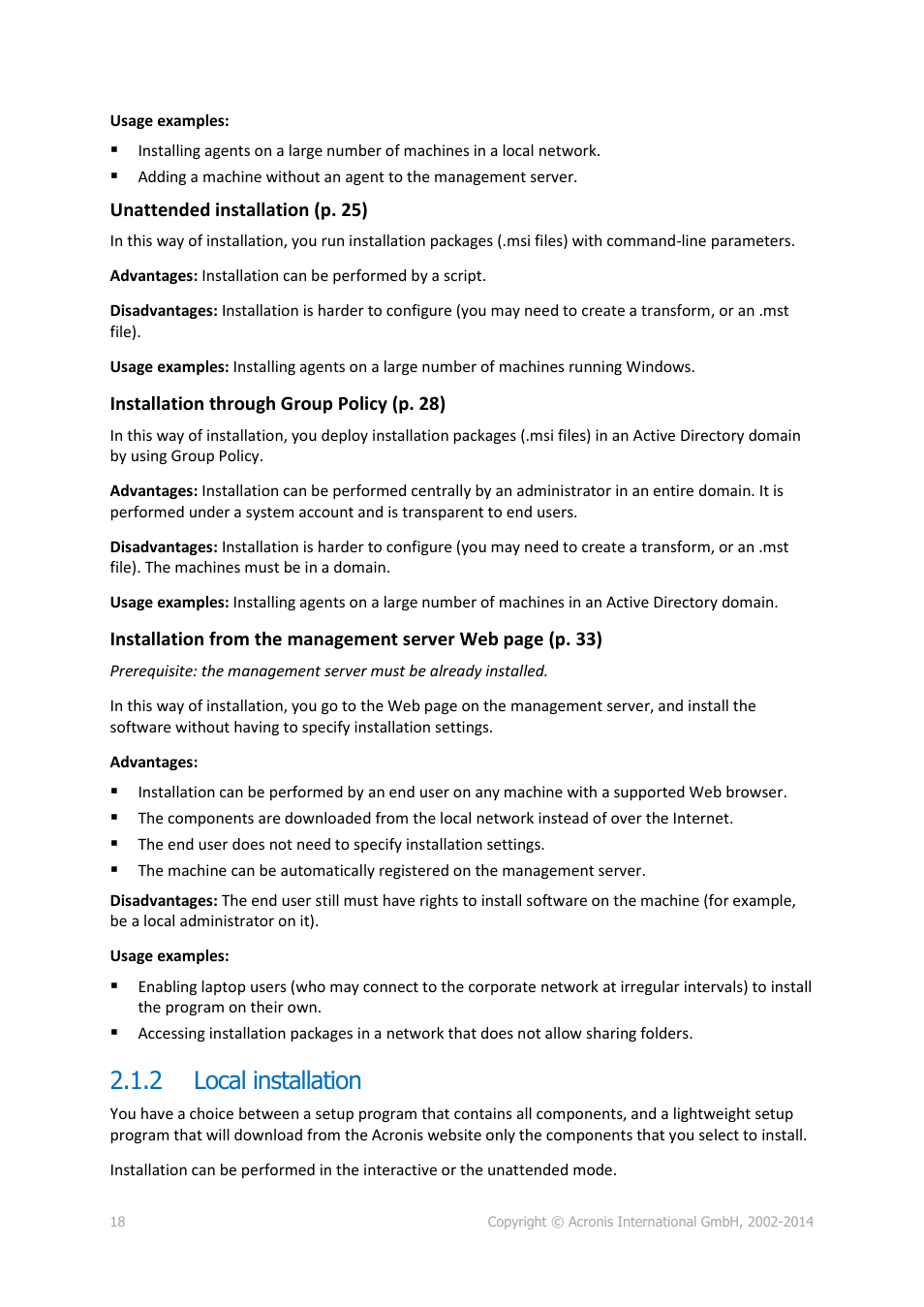 2 local installation, Local installation | Acronis Backup for Windows Server Essentials - Installation Guide User Manual | Page 18 / 64