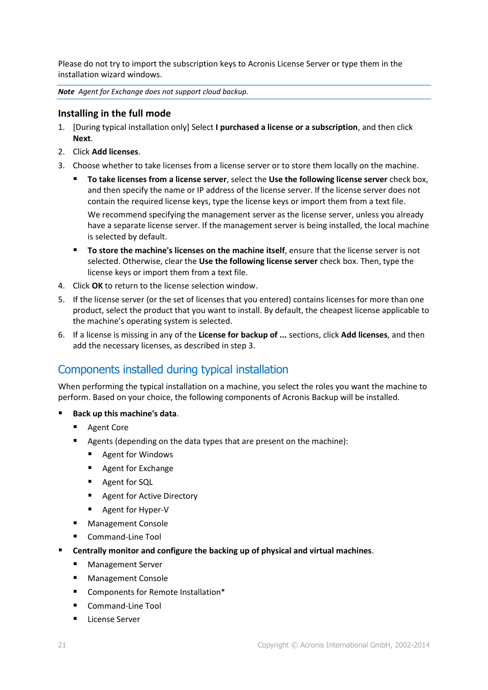 Components installed during typical installation | Acronis Backup for Windows Server Essentials - Installation Guide User Manual | Page 21 / 64