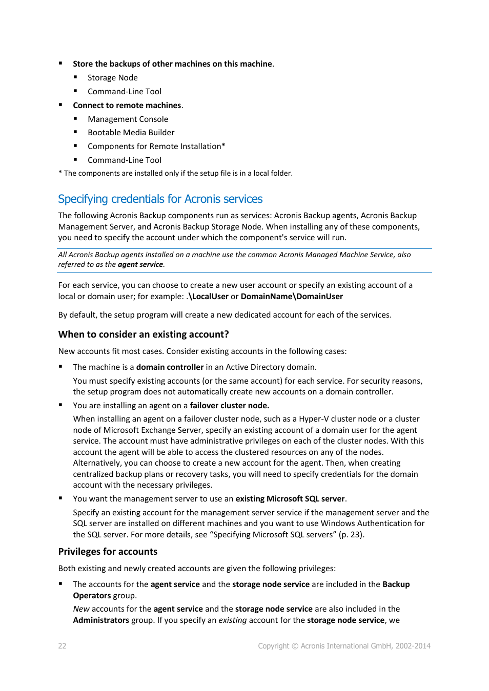Specifying credentials for acronis services | Acronis Backup for Windows Server Essentials - Installation Guide User Manual | Page 22 / 64