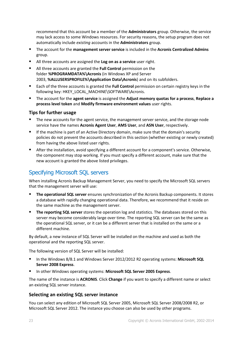 Specifying microsoft sql servers | Acronis Backup for Windows Server Essentials - Installation Guide User Manual | Page 23 / 64