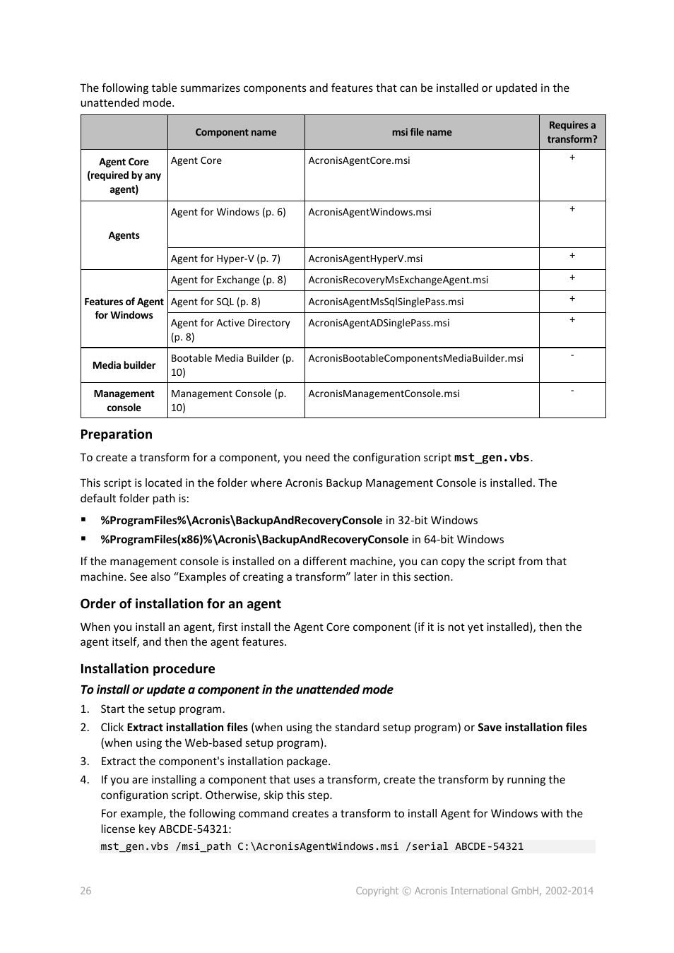 Preparation, Order of installation for an agent, Installation procedure | Acronis Backup for Windows Server Essentials - Installation Guide User Manual | Page 26 / 64