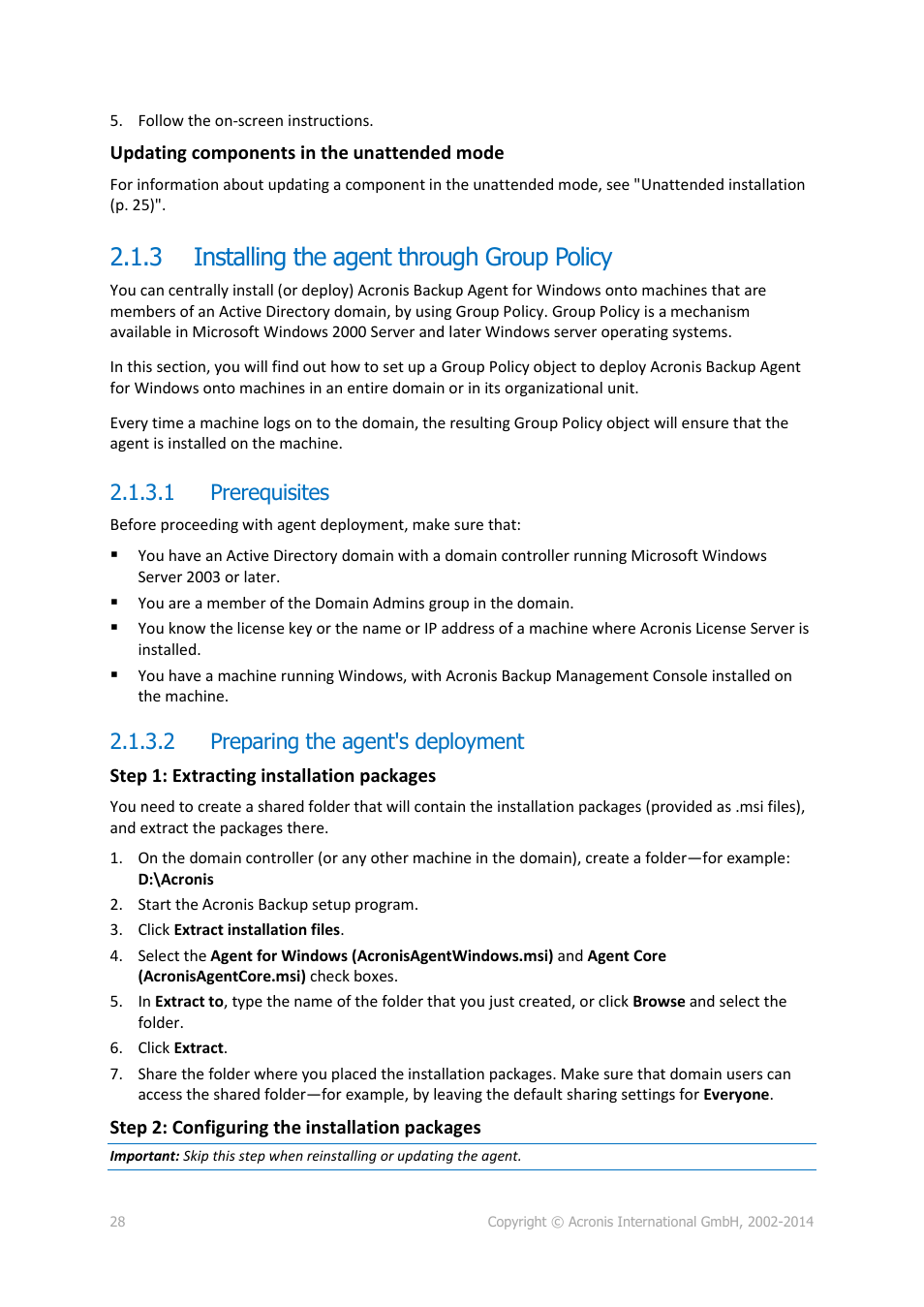 3 installing the agent through group policy, 1 prerequisites, 2 preparing the agent's deployment | Installing the agent through group policy | Acronis Backup for Windows Server Essentials - Installation Guide User Manual | Page 28 / 64