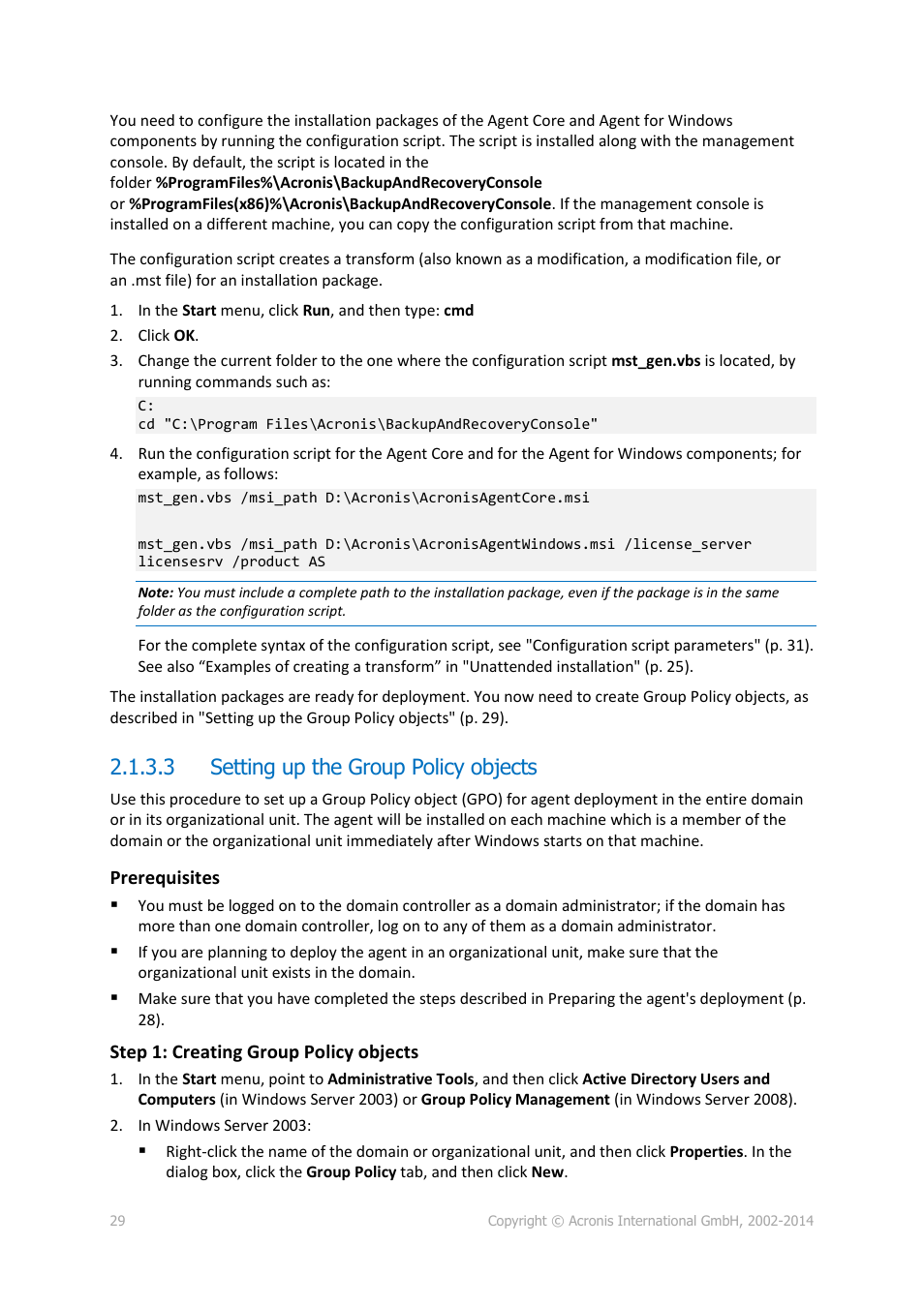 3 setting up the group policy objects | Acronis Backup for Windows Server Essentials - Installation Guide User Manual | Page 29 / 64