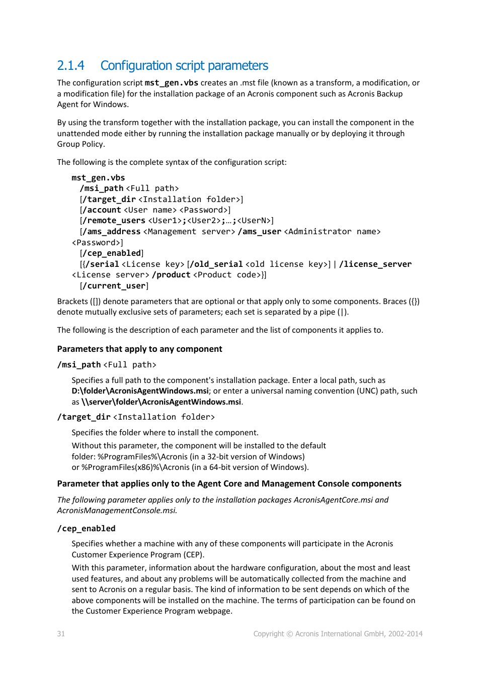 4 configuration script parameters, Configuration script parameters, P. 31) | Acronis Backup for Windows Server Essentials - Installation Guide User Manual | Page 31 / 64