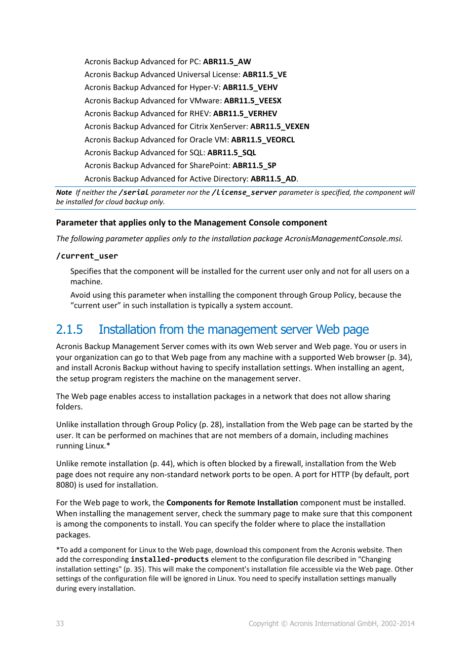 5 installation from the management server web page | Acronis Backup for Windows Server Essentials - Installation Guide User Manual | Page 33 / 64