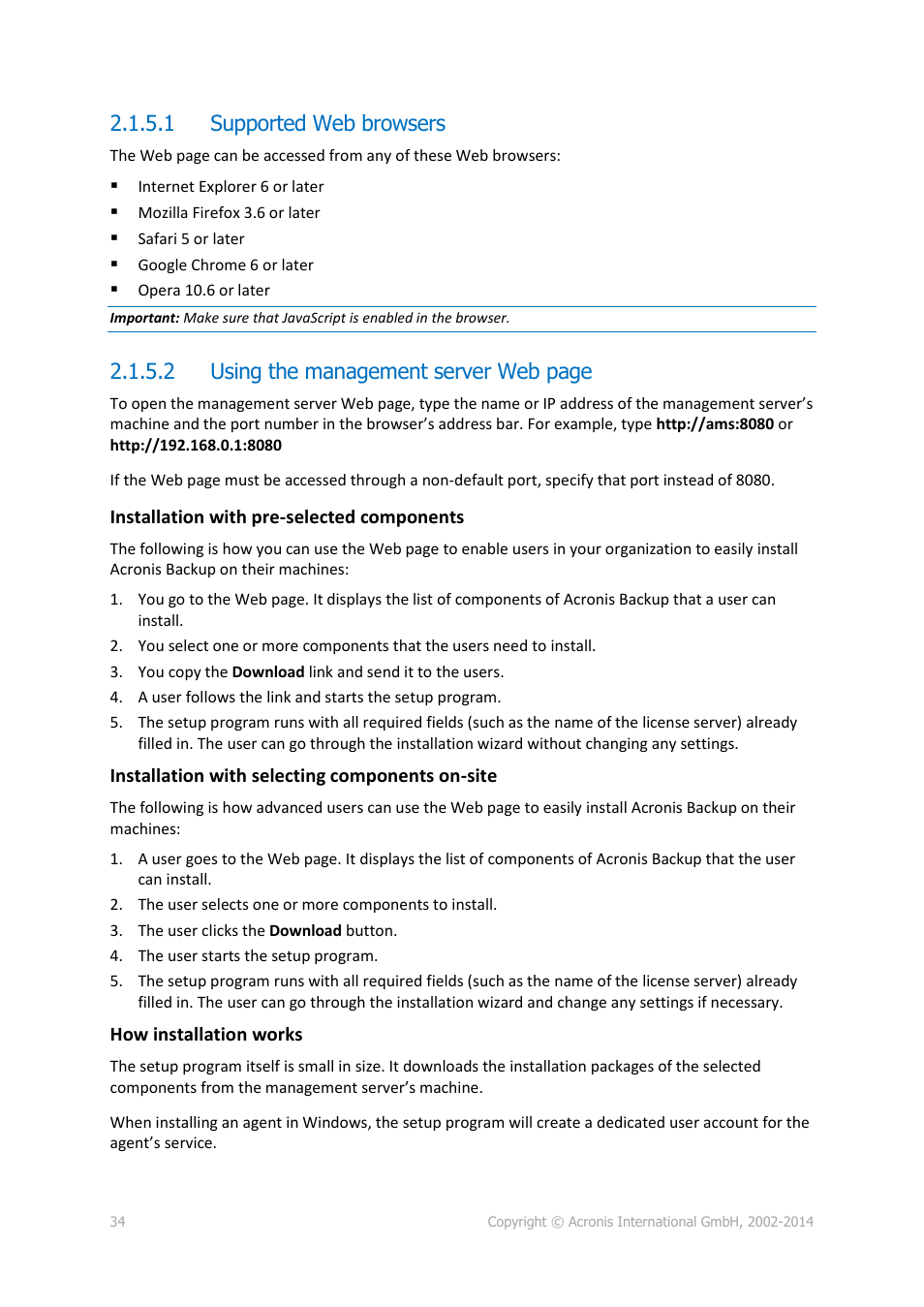1 supported web browsers, P. 34), 2 using the management server web page | Acronis Backup for Windows Server Essentials - Installation Guide User Manual | Page 34 / 64
