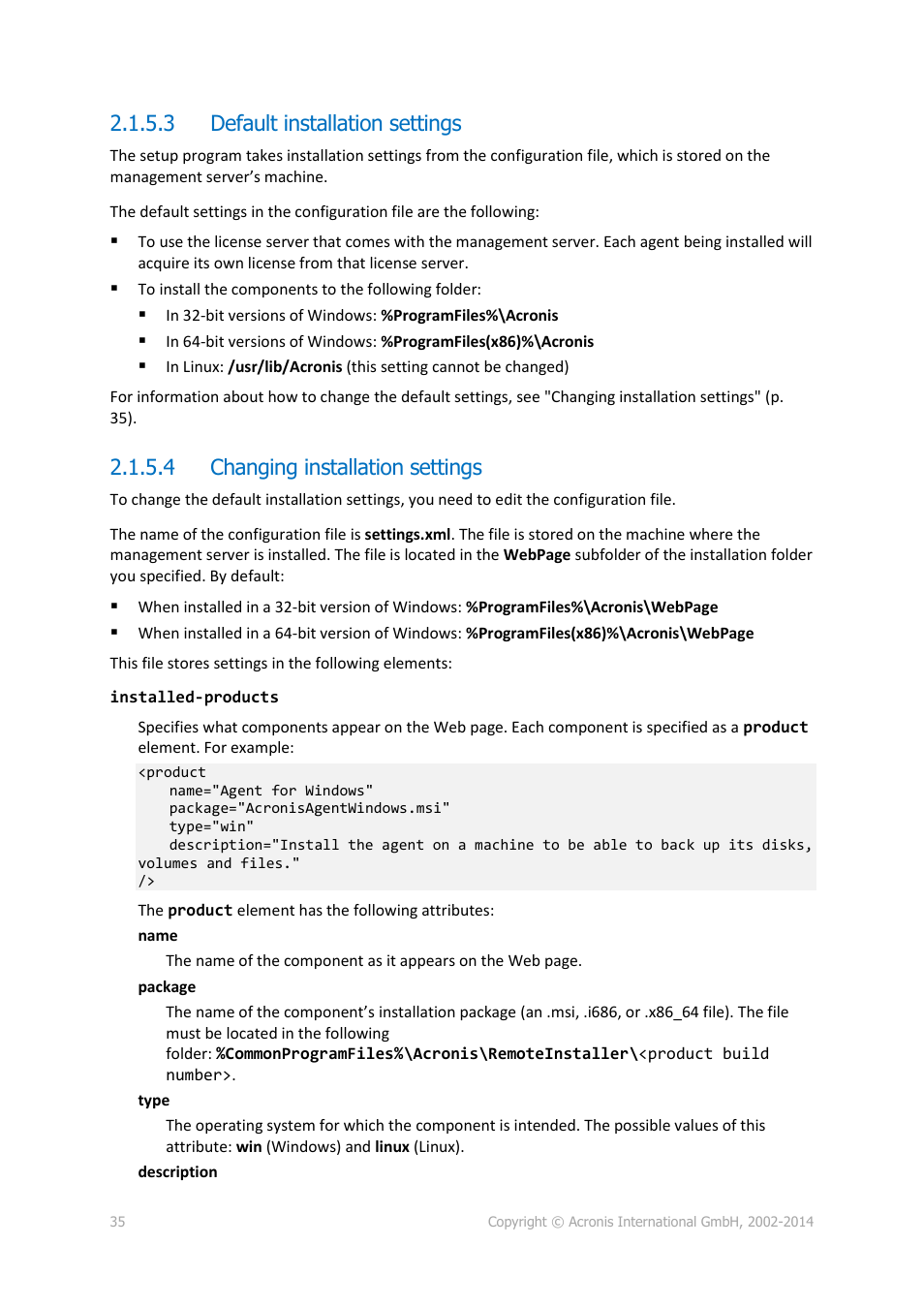 3 default installation settings, 4 changing installation settings | Acronis Backup for Windows Server Essentials - Installation Guide User Manual | Page 35 / 64