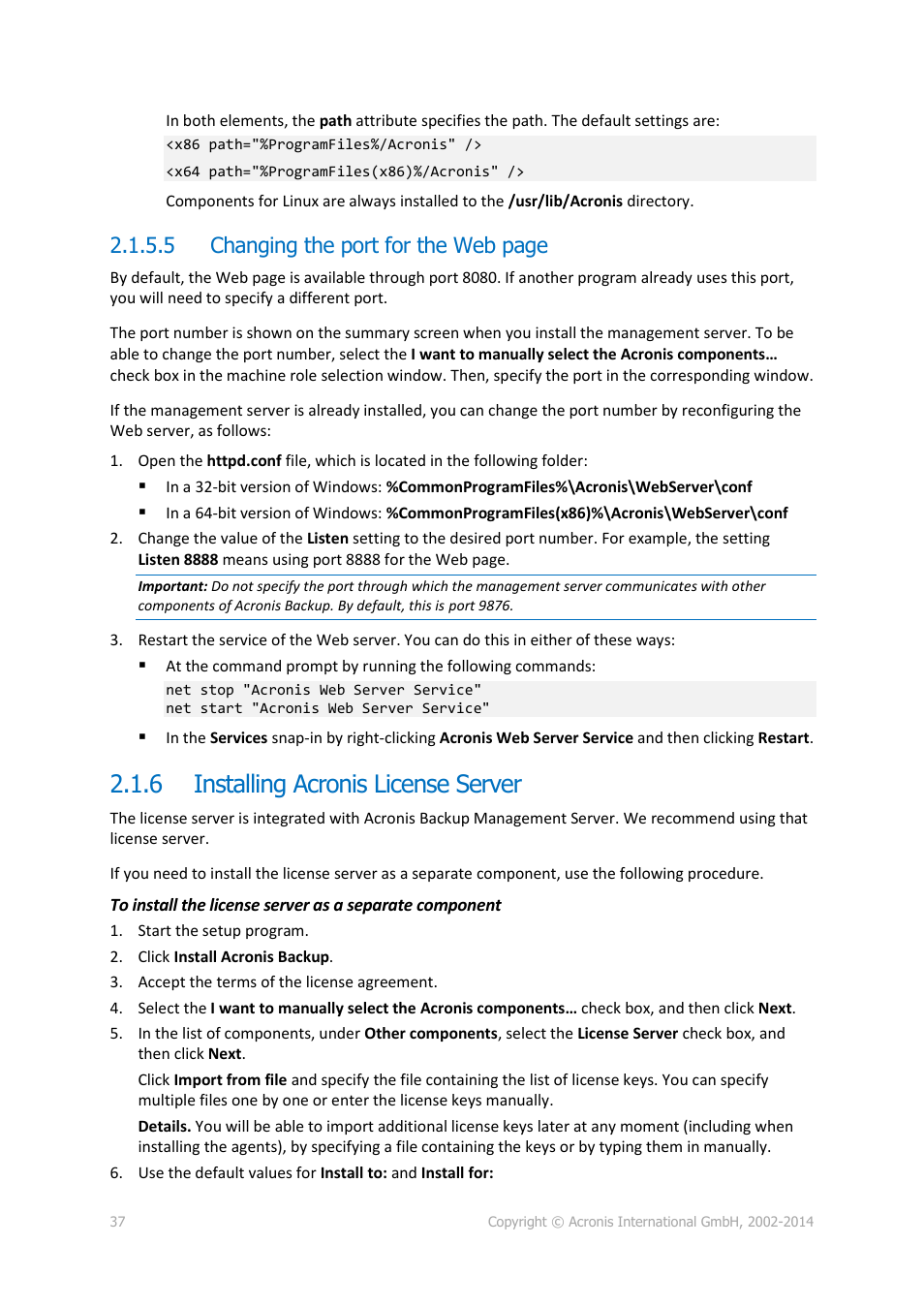 6 installing acronis license server, Installing acronis license server, 5 changing the port for the web page | Acronis Backup for Windows Server Essentials - Installation Guide User Manual | Page 37 / 64
