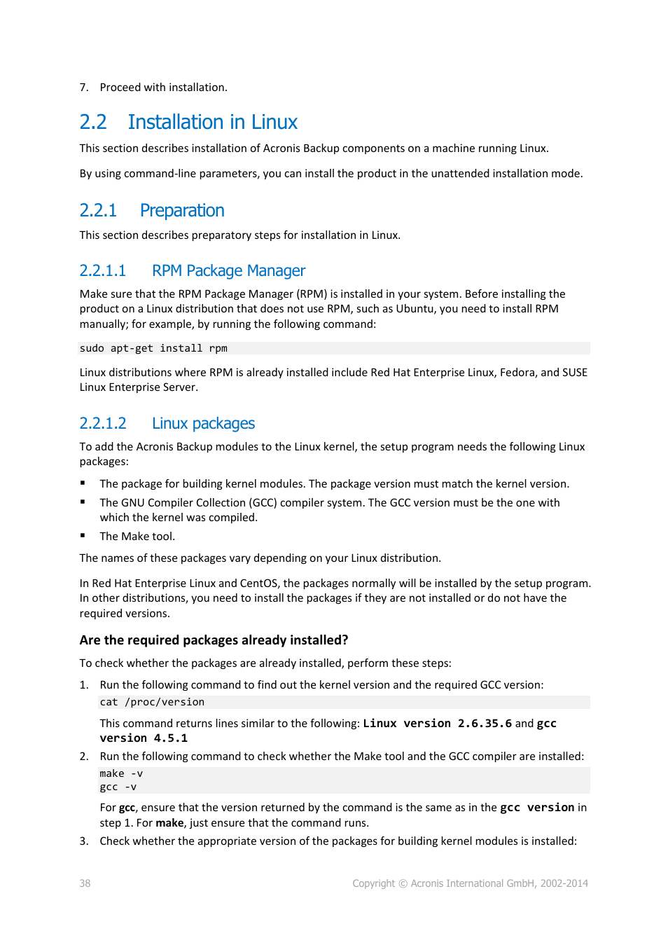 2 installation in linux, 1 preparation, 1 rpm package manager | 2 linux packages, Installation in linux, Preparation | Acronis Backup for Windows Server Essentials - Installation Guide User Manual | Page 38 / 64