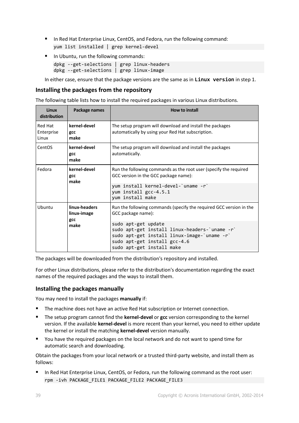 Installing the packages from the repository, Installing the packages manually | Acronis Backup for Windows Server Essentials - Installation Guide User Manual | Page 39 / 64