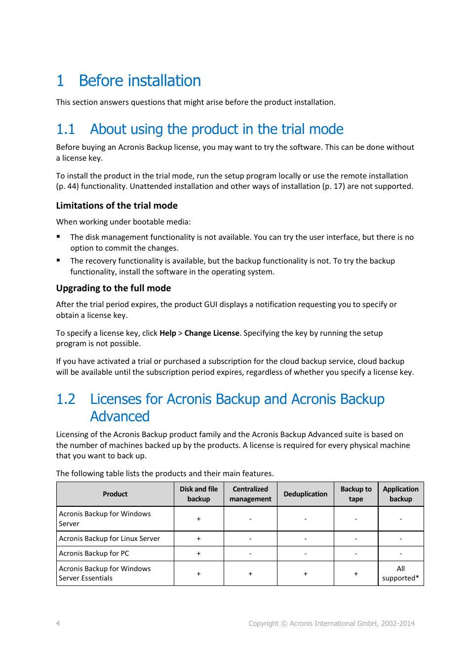 1 before installation, 1 about using the product in the trial mode, Before installation | About using the product in the trial mode | Acronis Backup for Windows Server Essentials - Installation Guide User Manual | Page 4 / 64