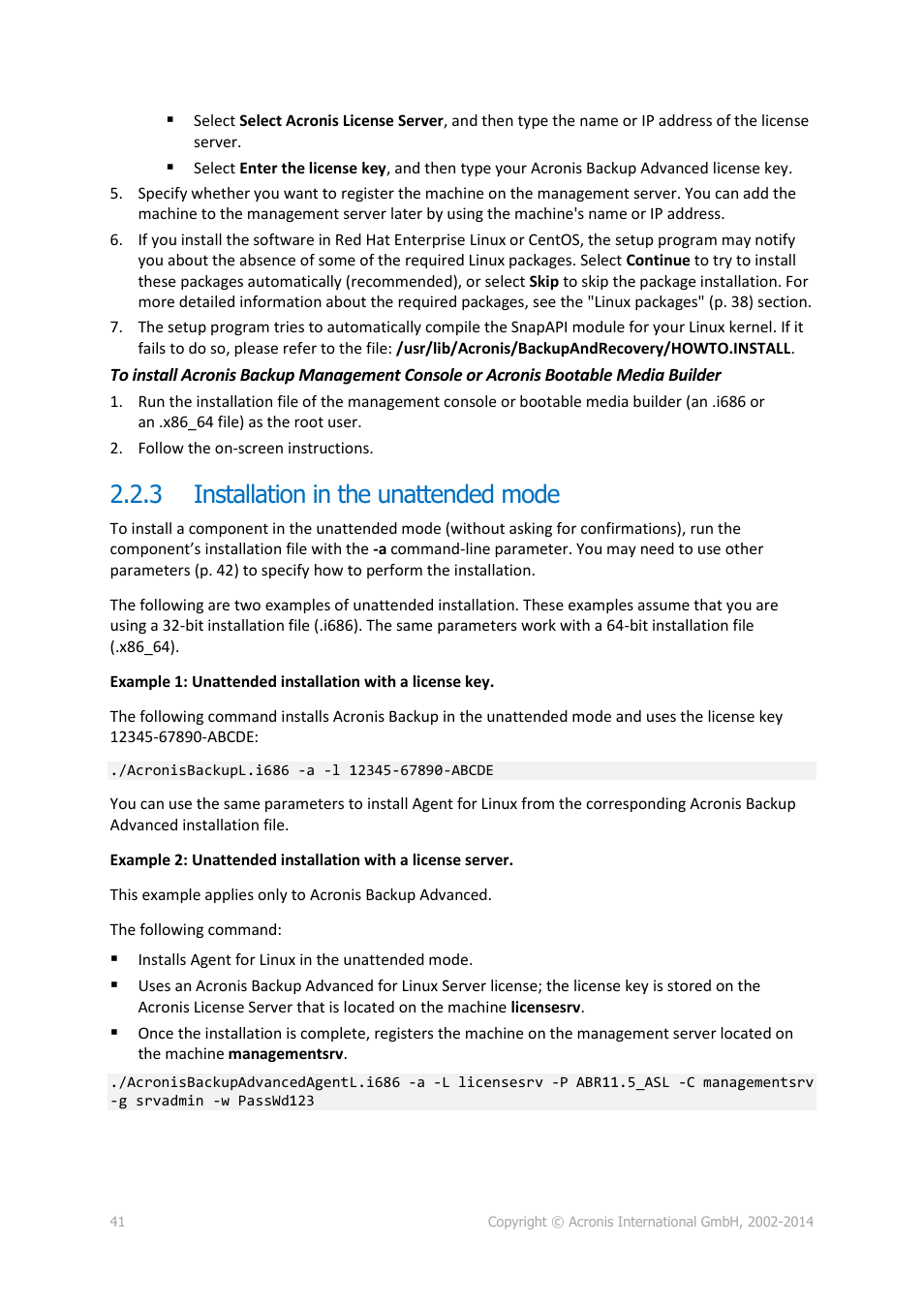 3 installation in the unattended mode, Installation in the unattended mode | Acronis Backup for Windows Server Essentials - Installation Guide User Manual | Page 41 / 64