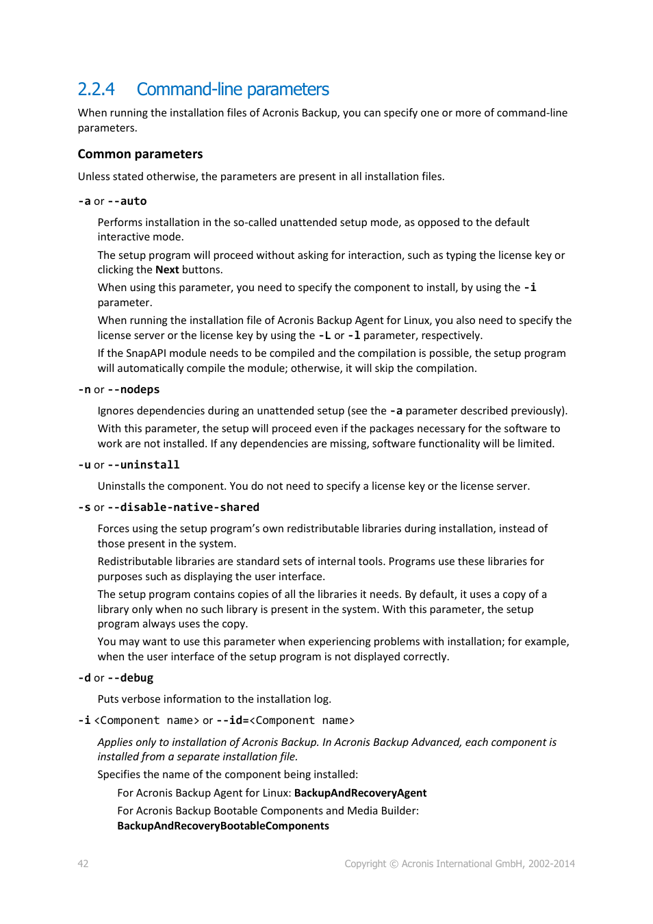 4 command-line parameters, Command-line parameters | Acronis Backup for Windows Server Essentials - Installation Guide User Manual | Page 42 / 64