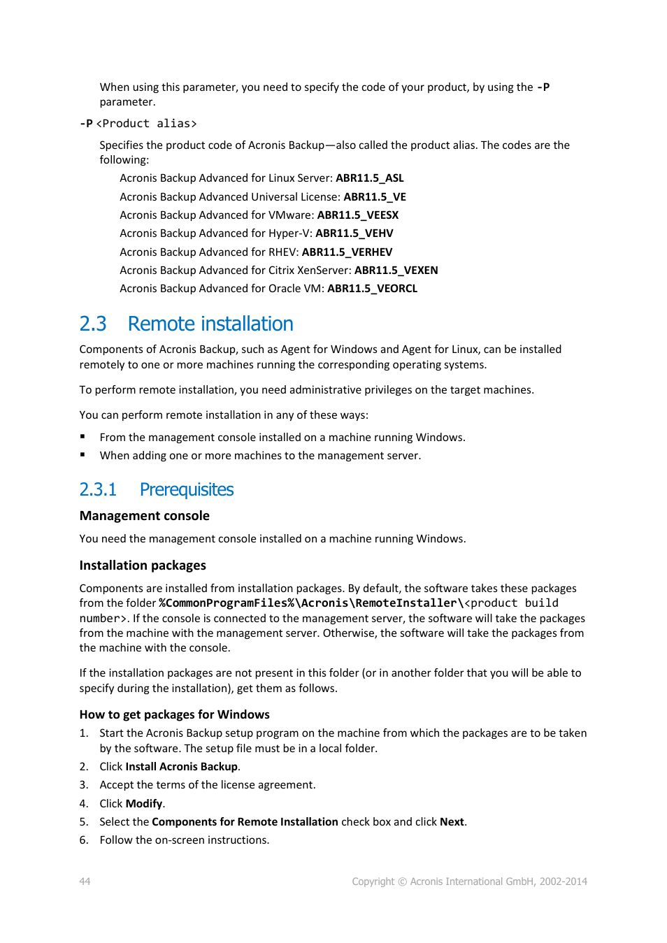 3 remote installation, 1 prerequisites, Remote installation | Prerequisites | Acronis Backup for Windows Server Essentials - Installation Guide User Manual | Page 44 / 64